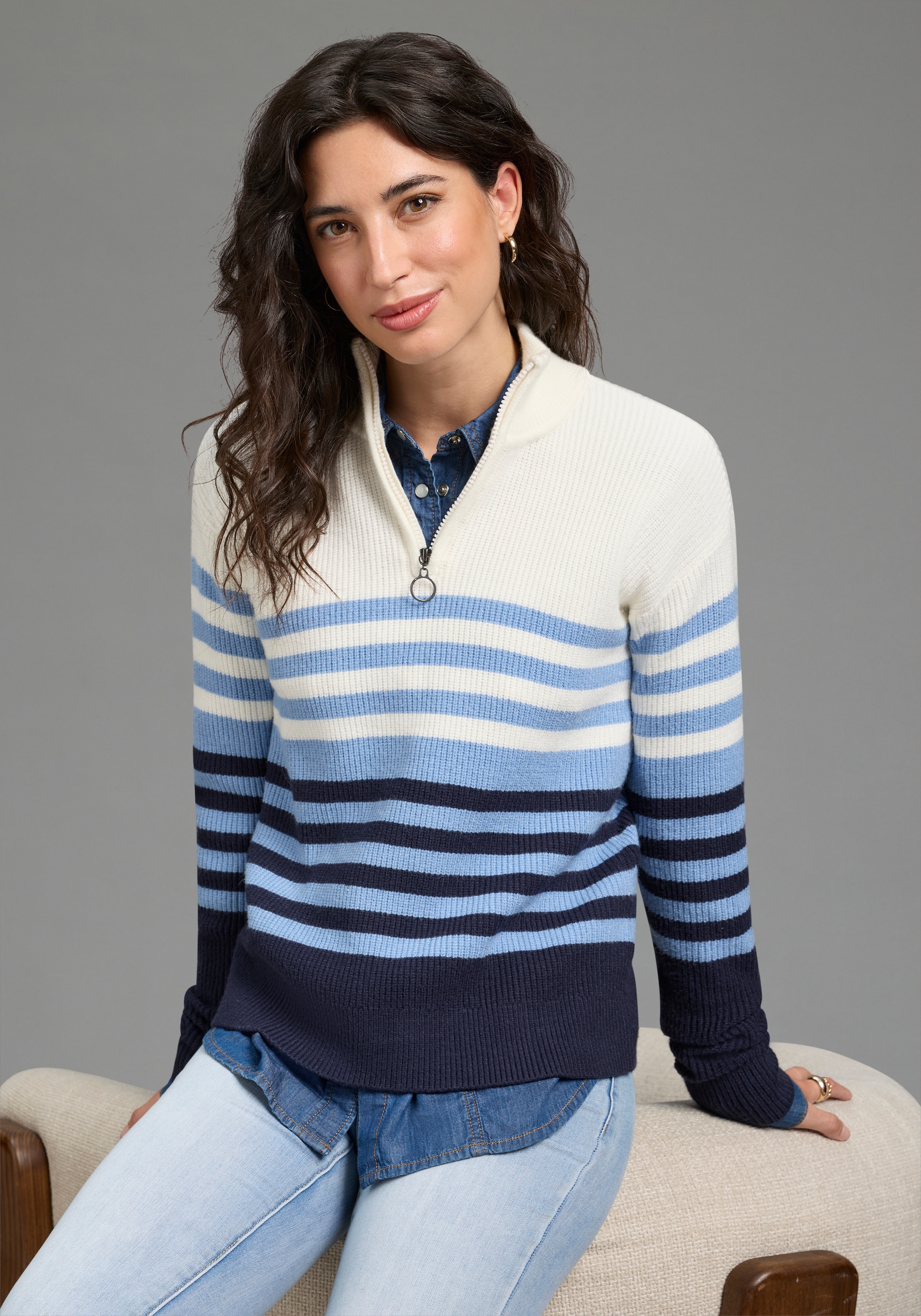 Laura Scott Strickpullover "im maritimen Streifenlook mit Troyerkragen" mit hüftlanger Passform