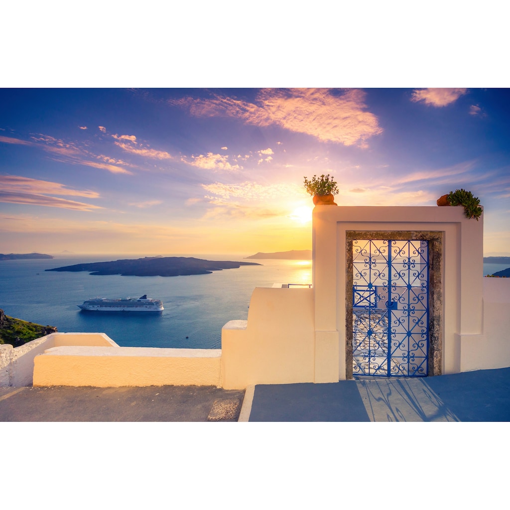 Papermoon Fototapete »TERRASSE-SANTORINI SEE MEER STRAND PALMEN DÜNEN SCHIFFE«