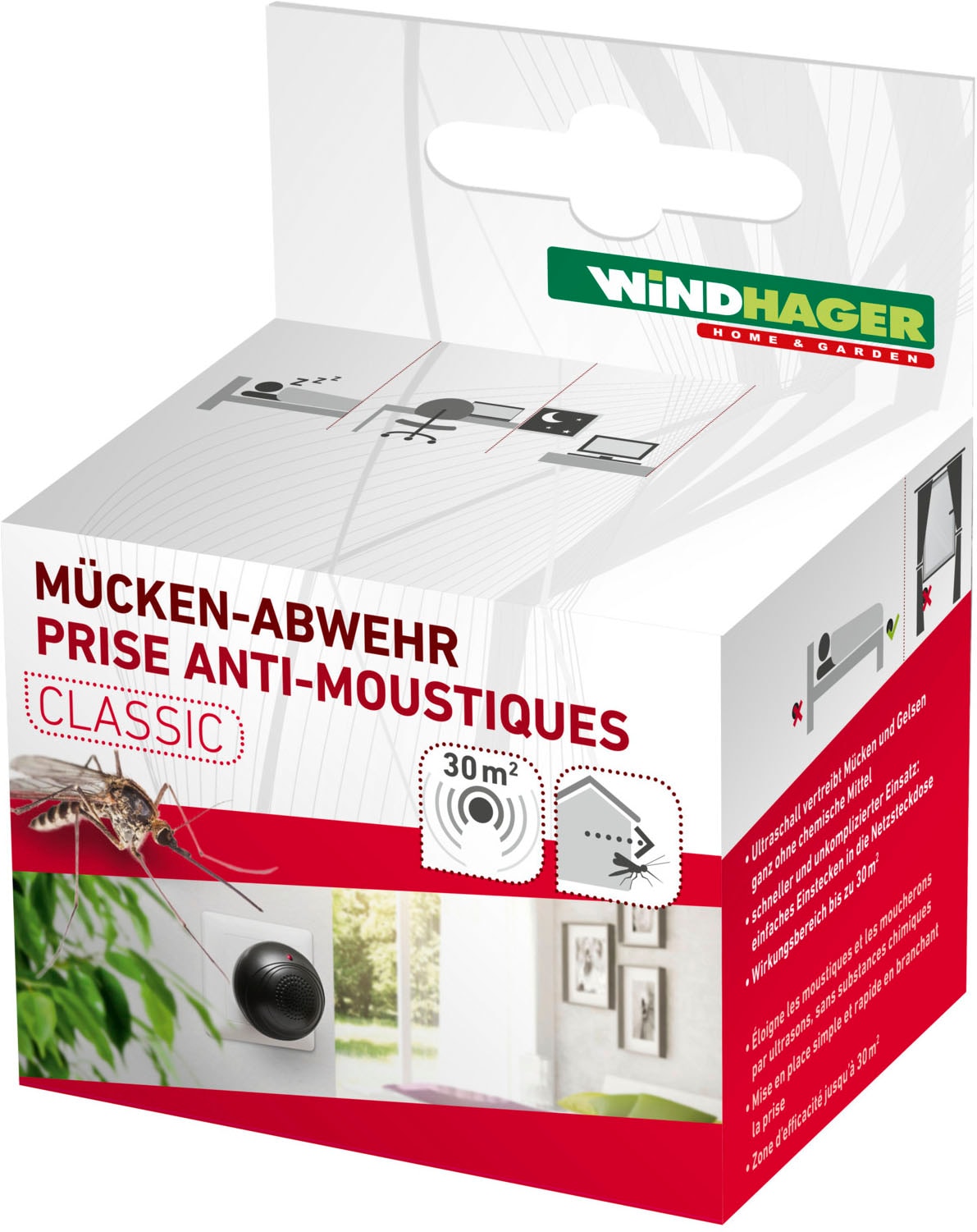 Windhager Insektenabwehrgerät "für Mücken, Mückenabwehr Classic, Mückenstecker" hält Mücken in Innenräumen mithilfe von ultrahohen Tonfrequenzen fern