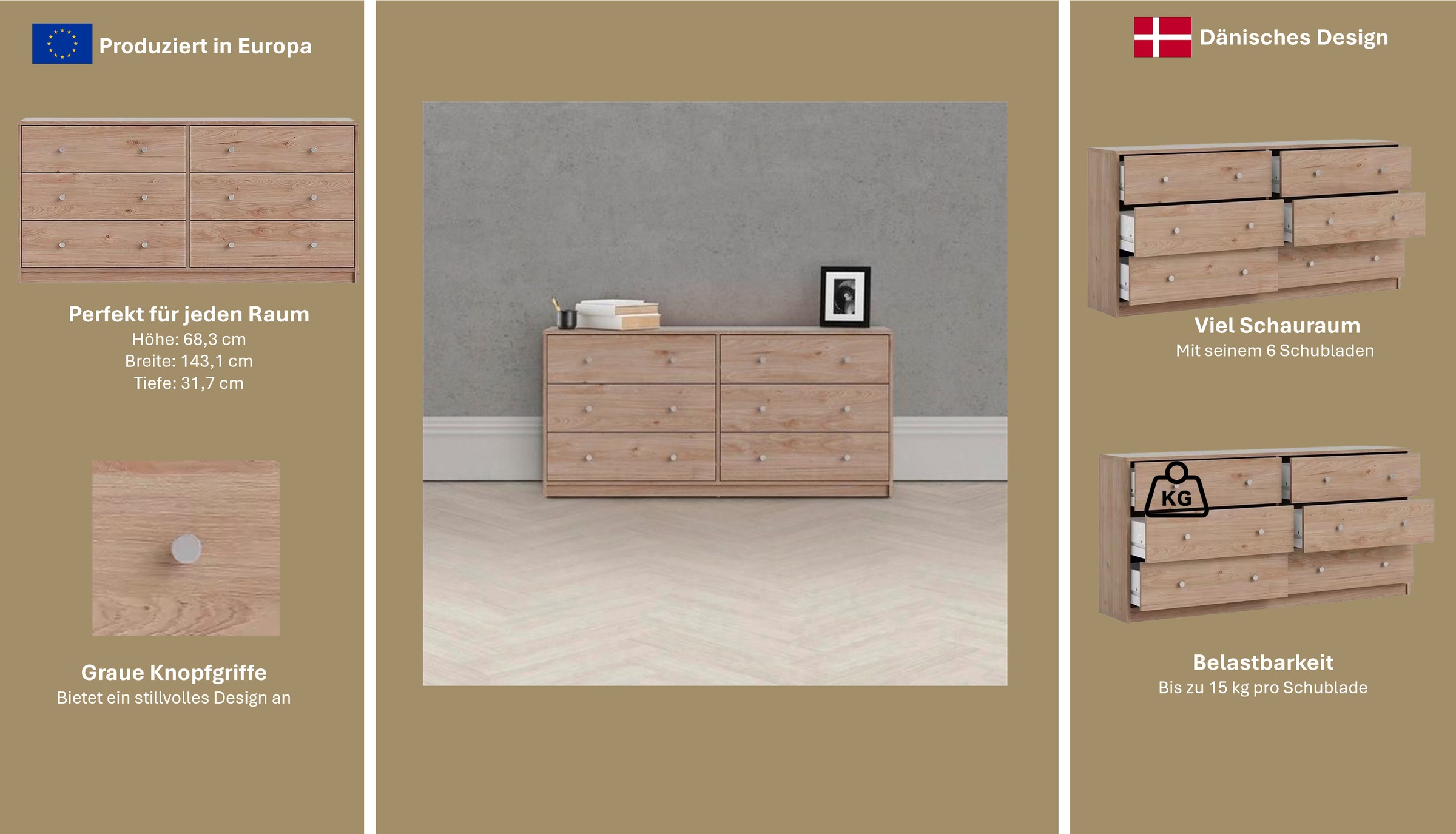 Thumbnail - Home affaire Sideboard "May, Aufbewahrung, Schubkastenkommode, Stauraum, Scandi-stil" Mit 6 Schubladen, Knopfgriffen, me...
