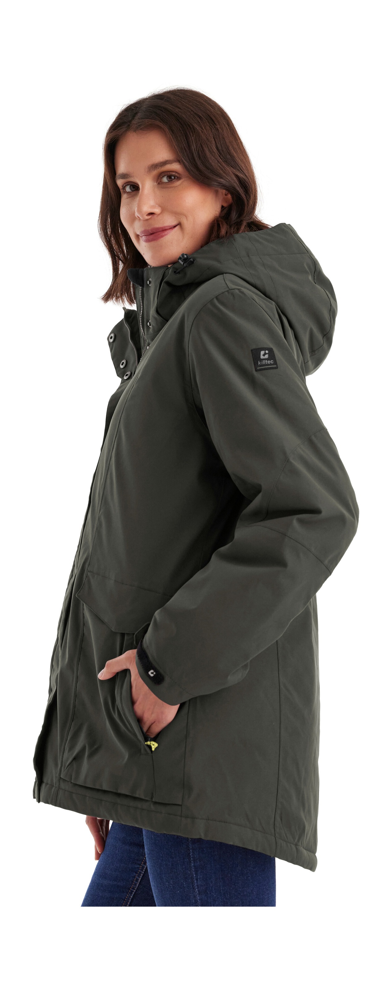 Funktionsjacke KILLTEC "Damen Jacke", Damen, Gr. 48, grün (olivgrün), Obermaterial: 100% Polyester;Futter: 100% Polyester;Futter 2:/ Futter 3:/ Futter 4:;Füllung: 100% Polyester, Jacken Funktionsjacke, Wasserdichte, atmungsaktive Damenjacke mit abnehmbare 2