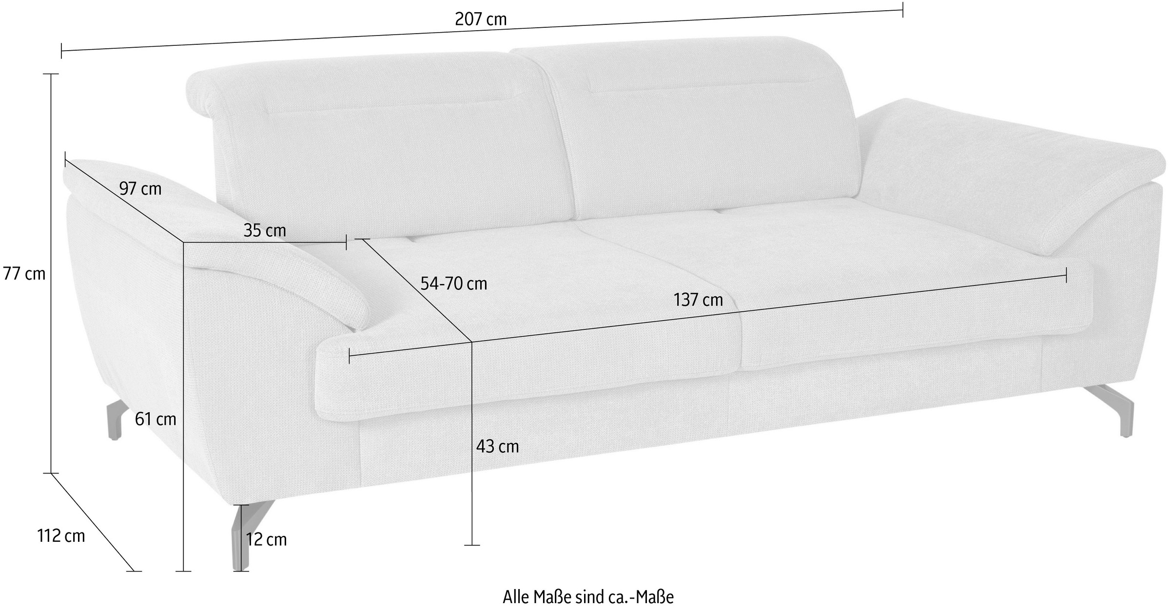 sit&more 2,5-Sitzer »Percy«, 12 cm Fußhöhe, Sitztiefenverstellung, wahlweise Kopfteilverstellung