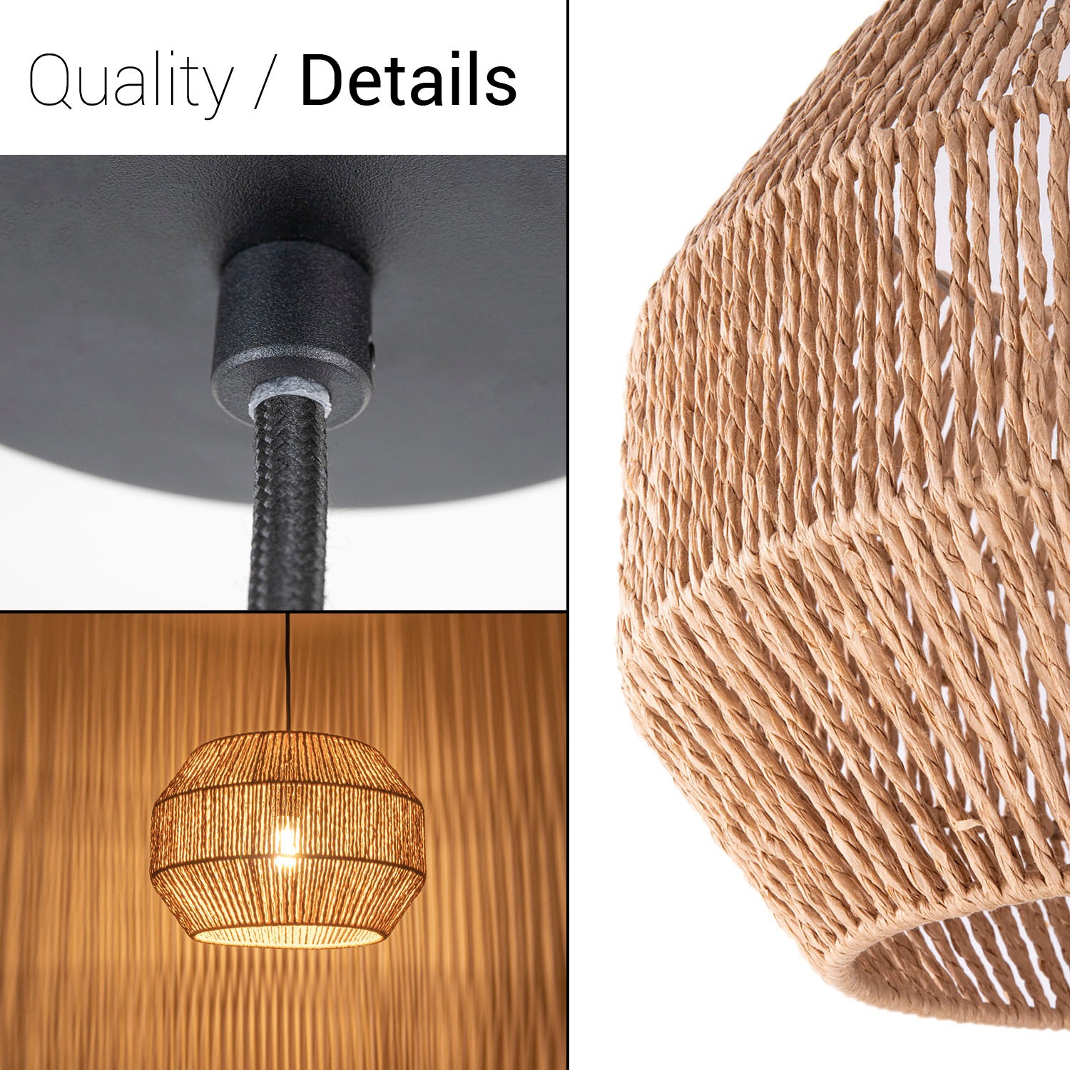 Paco Home Pendelleuchte »Hugo Yago«, Leuchtmittel E27 | ohne Leuchtmittel, Wohnzimmer Esszimmer Rattan Optik Boho Lampenschirm Papier Modern
