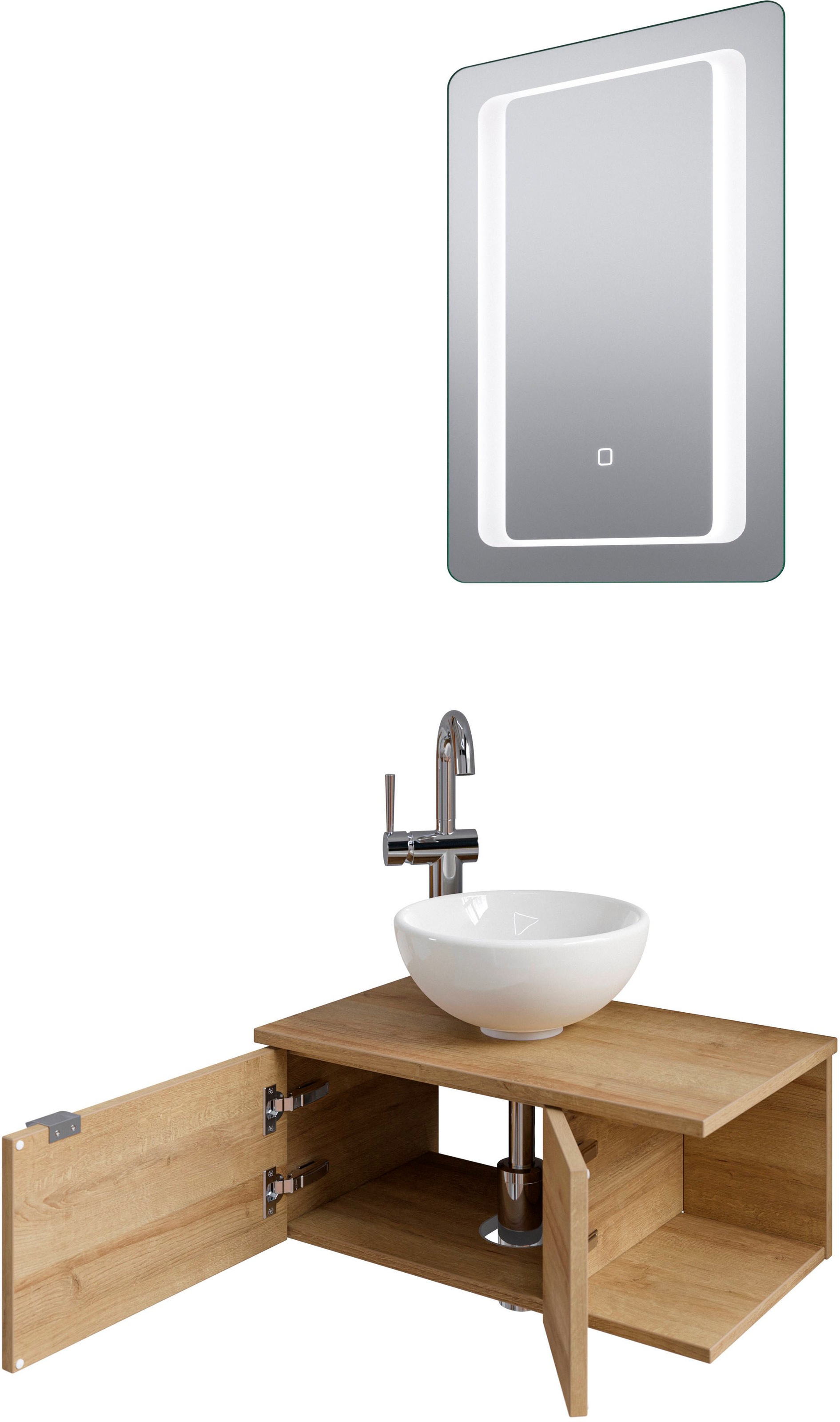 Saphir Badmöbel-Set »Serie 6915«, (4 St.), Gäste-Bad, 61 cm breit, mit LED-Spiegel, offenem Fach und 2 Türen