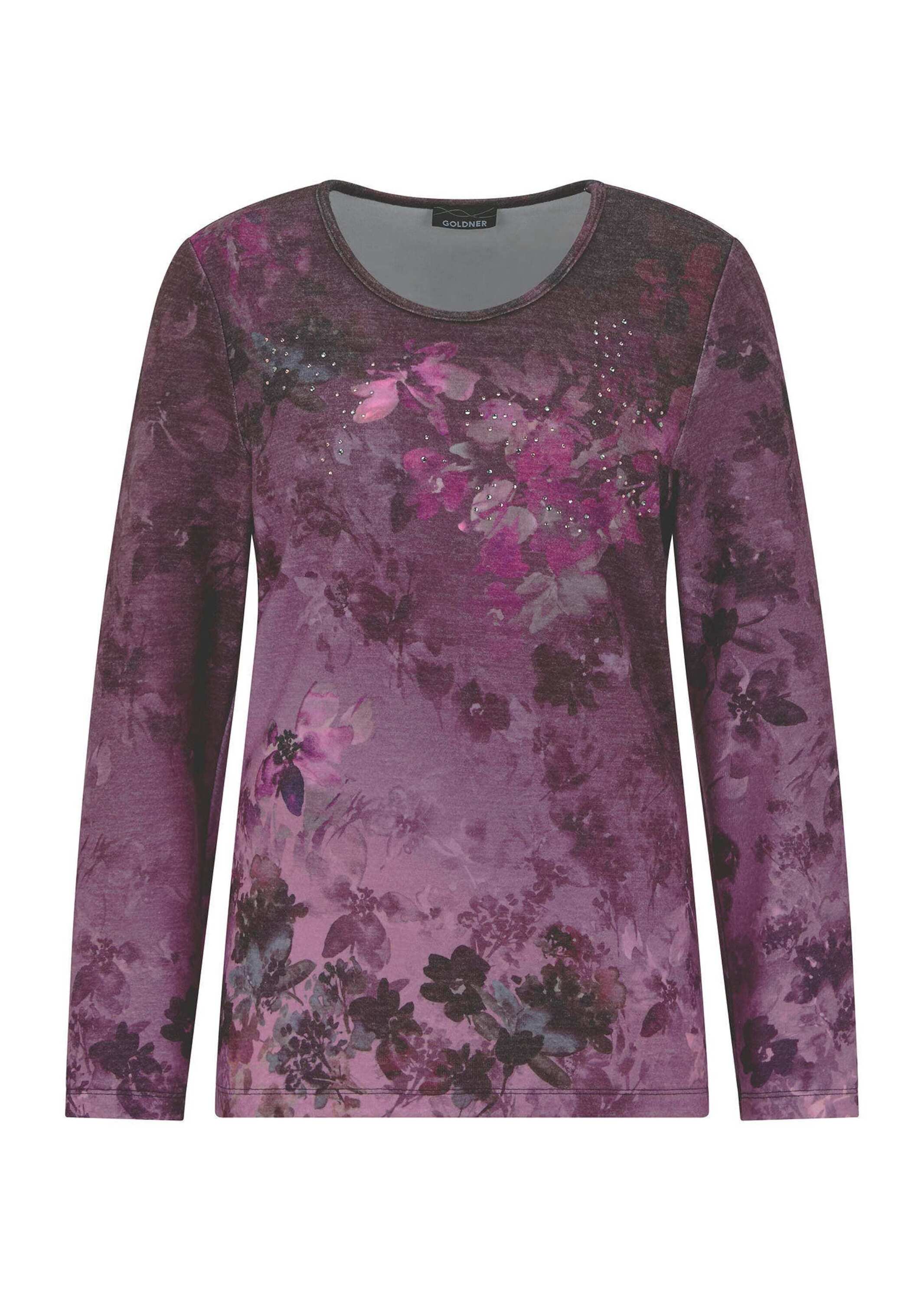 GOLDNER Langarmshirt "Kurzgröße Jerseyshirt mit Blütenranken" Ziersteine auf Print