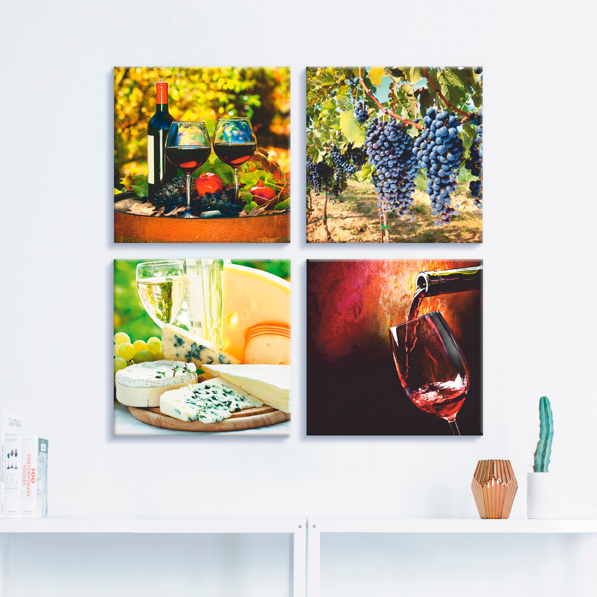 Artland Leinwandbild »Gläser Rotwein, Trauben, Käse«, Getränke, (4 St.), 4er Set, verschiedene Größen