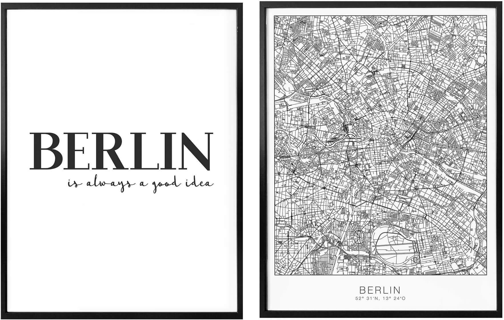 Wall-Art Poster »Berlin Stadtkarte Schriftzug Set«, Blumen, (Set, 2 St.), Collage mit Bilderrahmen