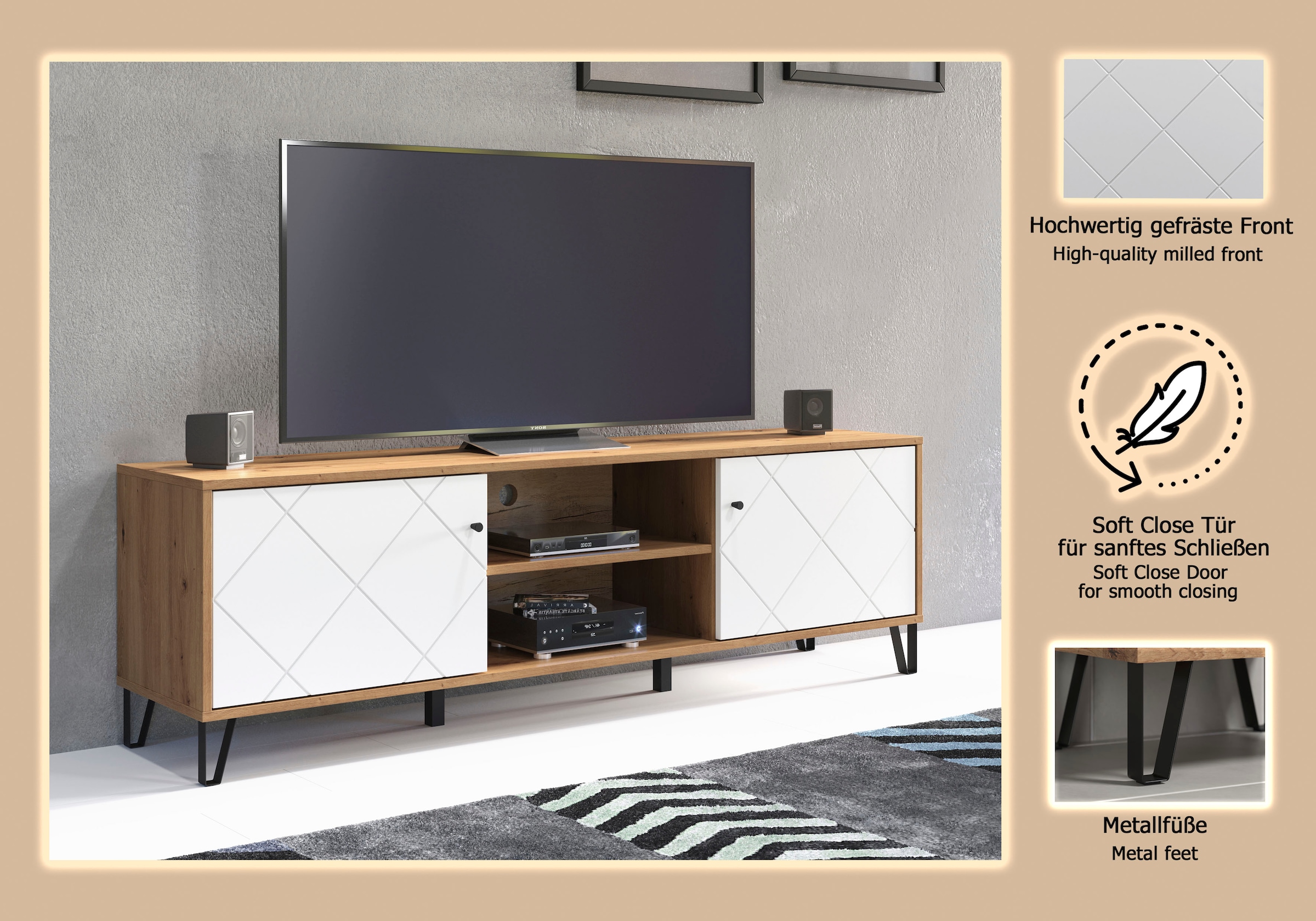 Places of Style Lowboard »Tarragona TV-Kommode«, TV-Unterteil mit 2 Türen & 2 Fächern - (B/T/H) 183/40/56 cm
