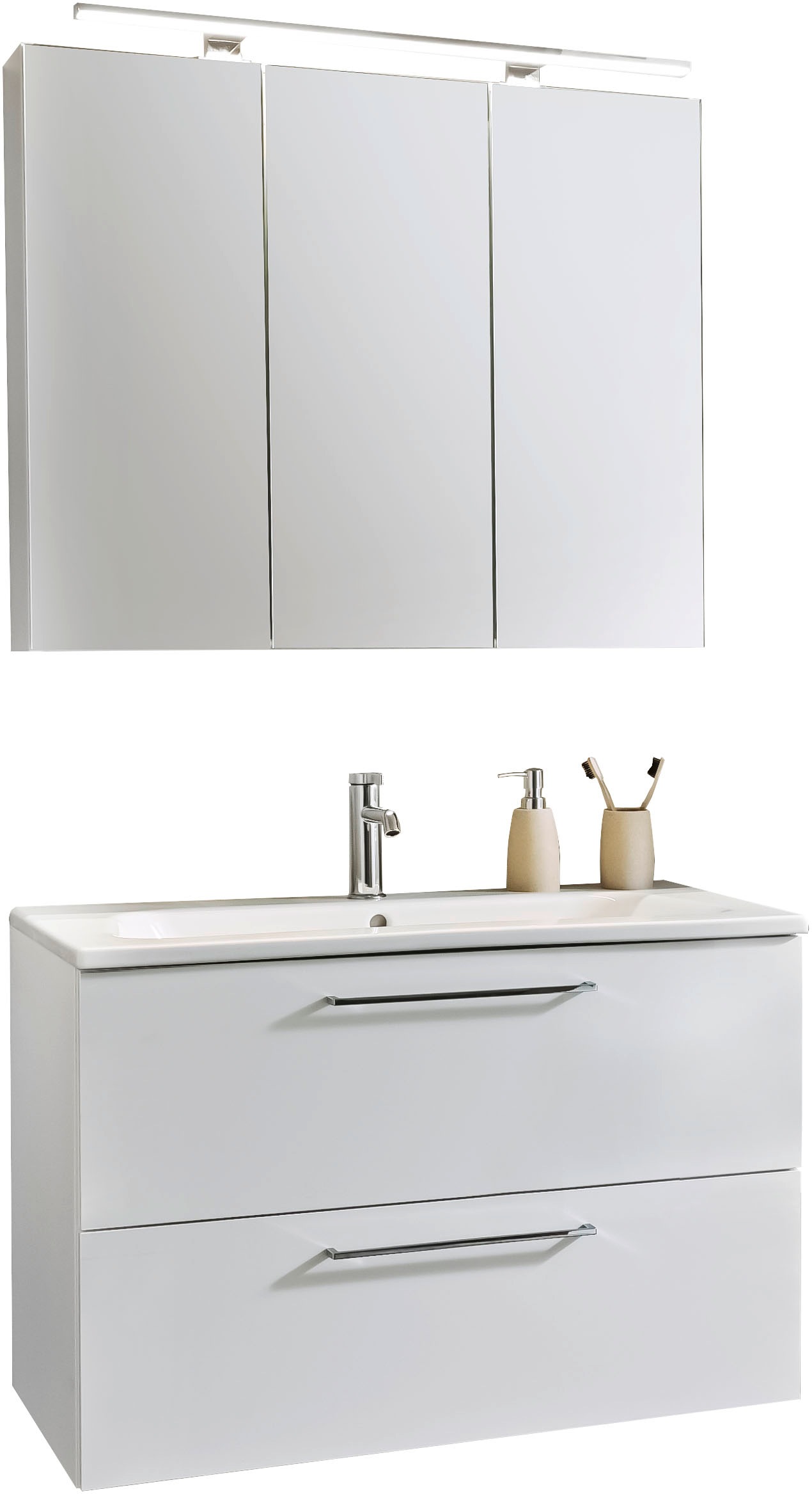 Nolte SPA Badmöbel-Set »Lux - Badmöbel-Set« Komplett-Set, Spiegelschrank, Keramikbecken, Waschtisch 2 Auszüge, LED, erw., li/re, 3 Stk. tlg.