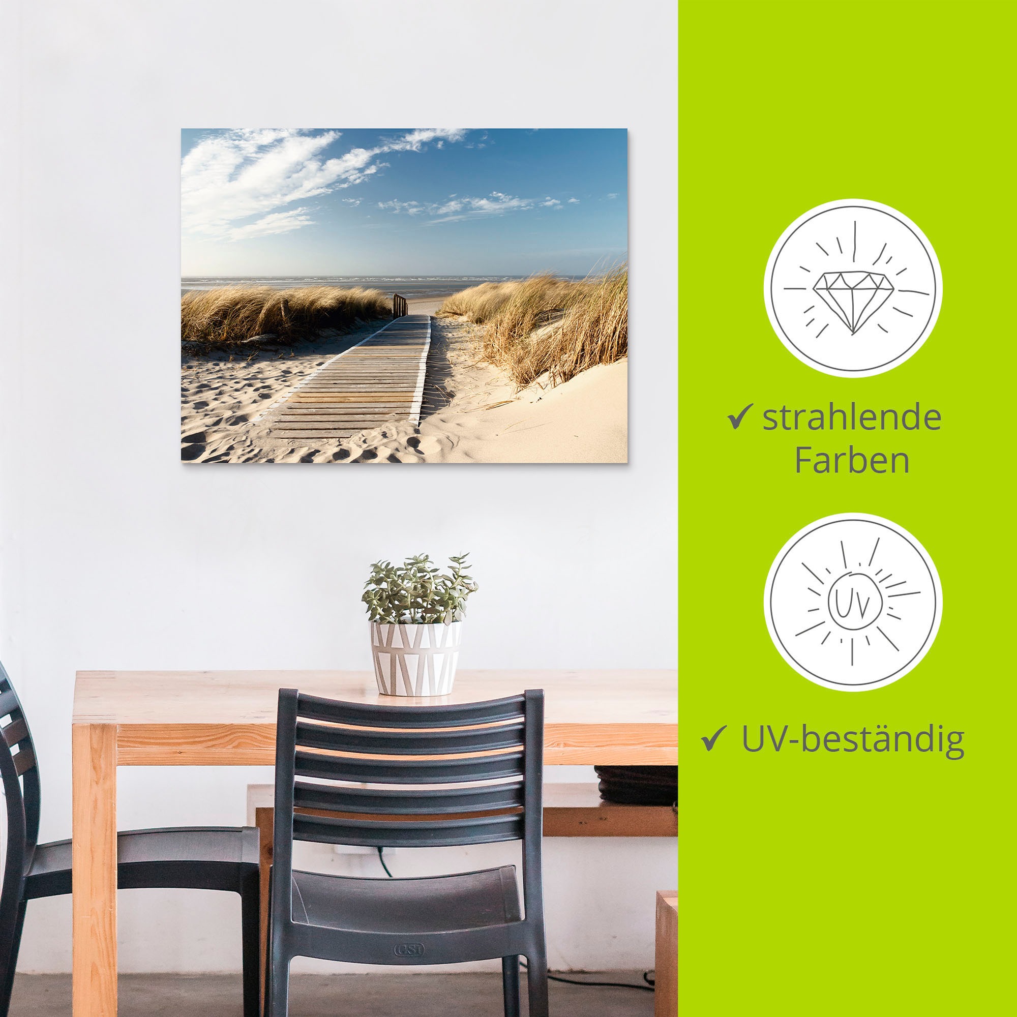 Artland Wandbild »Nordseestrand auf Langeoog - Steg«, Strand, (1 St.), als Alubild, Outdoorbild, Leinwandbild, Wandaufkleber, versch. Größen