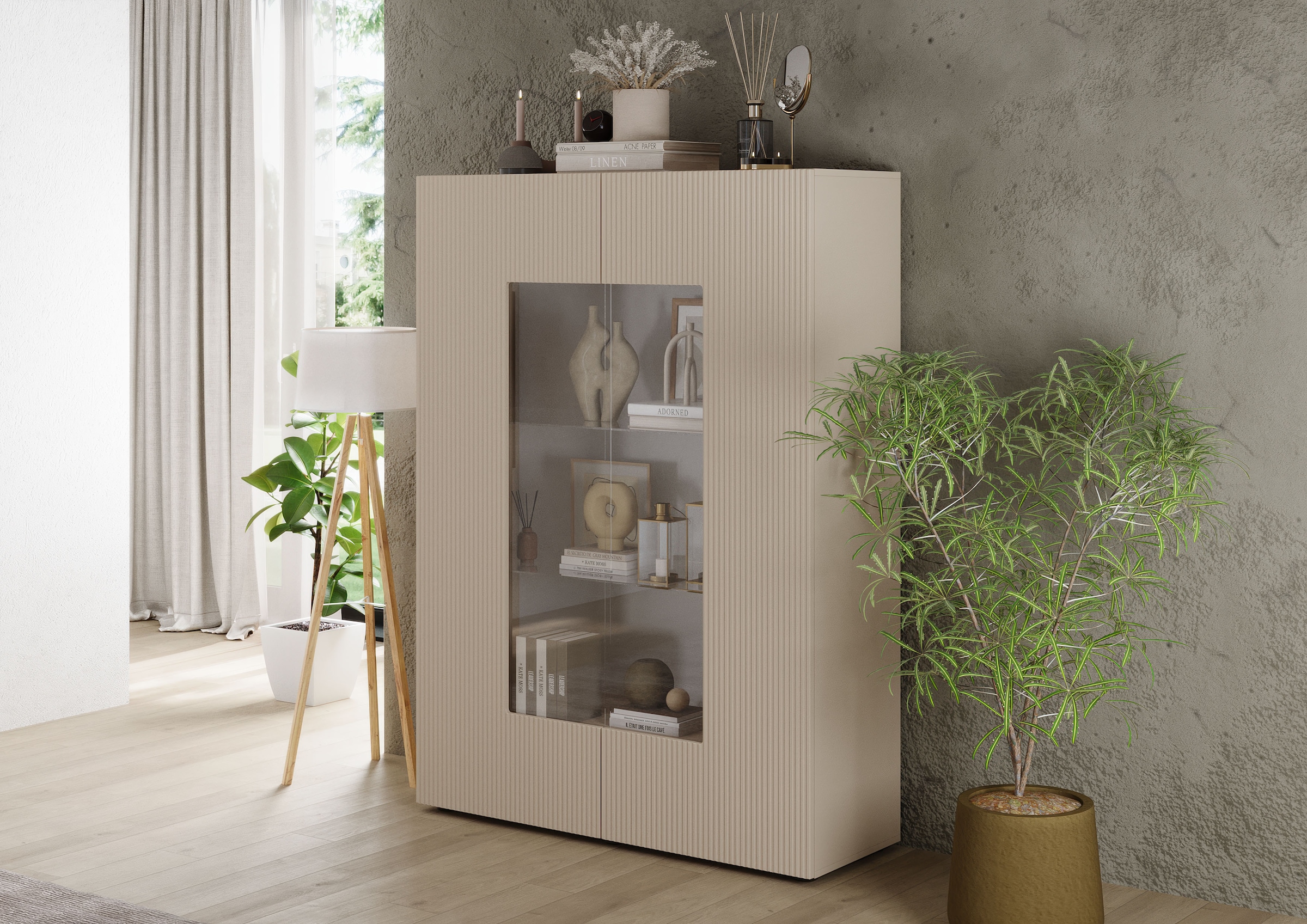 INOSIGN Vitrine »RIO, Höhe 166 cm, Hochschrank mit 2 Türen, Anrichte, Standvitrine«, geriffelte Front, modern u. elegant, viel Stauraum