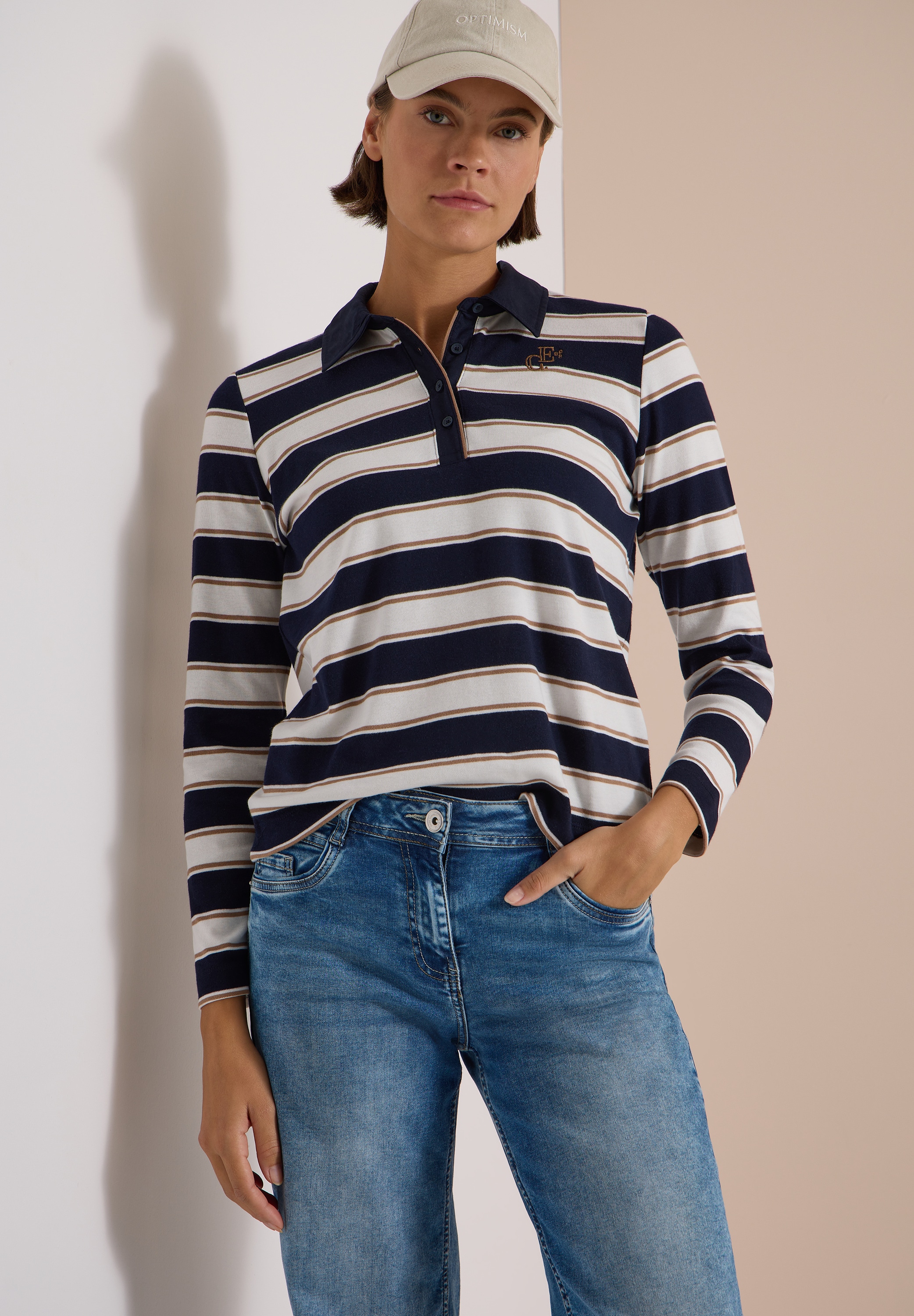 Cecil Langarm-Poloshirt mit Streifen und Stickerei