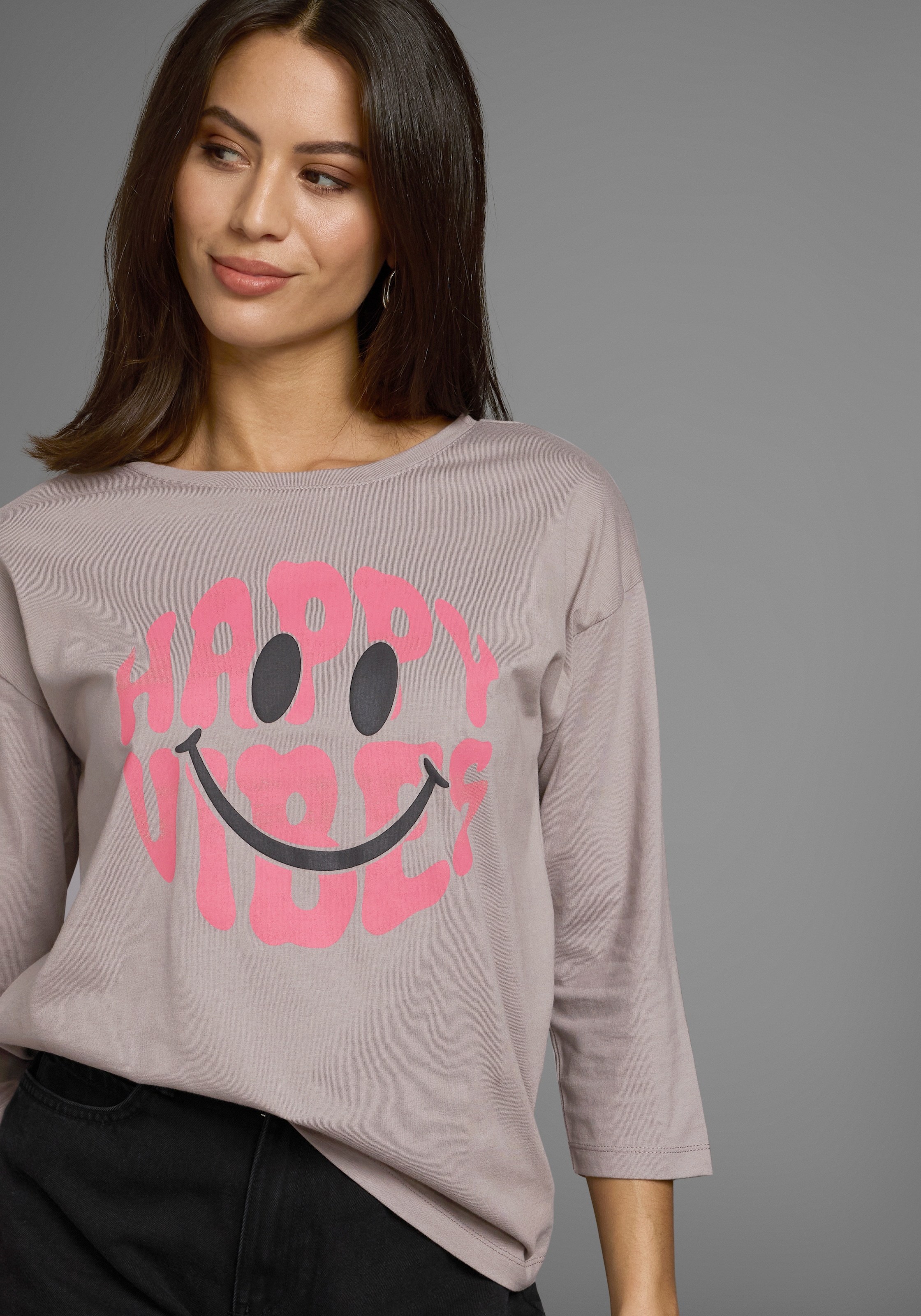 Laura Scott 3/4-Arm-Shirt, mit fröhlichem Frontprint & abgerundetem Saum günstig online kaufen