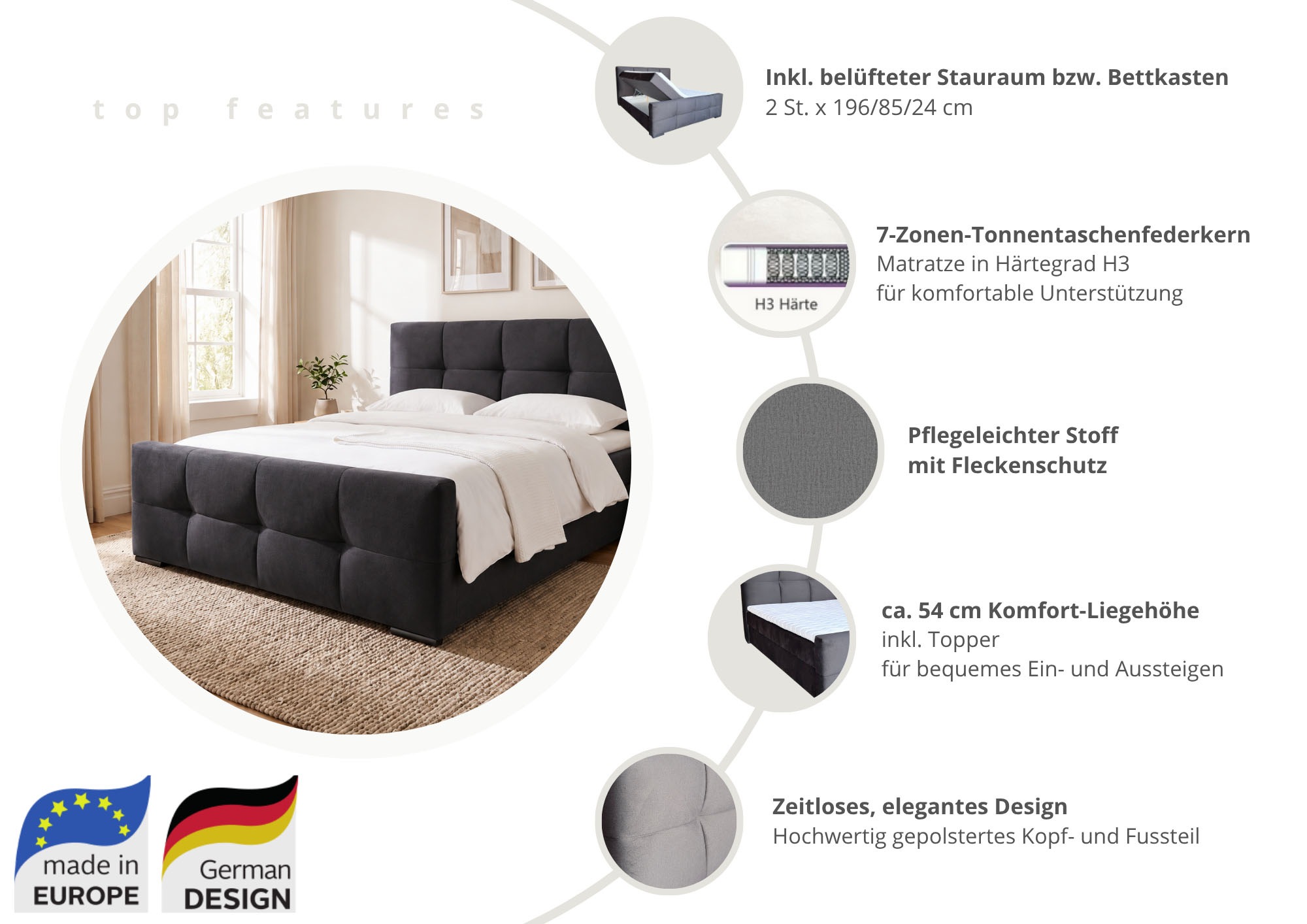 OTTO home Boxbett »RISE, Polsterbett mit Bettkasten, inkl. Taschenfederkernmatratze H3« inkl. Kaltschaumtopper, Luxus-Mircofaser-Bezug, Liegefläche 180x200 cm