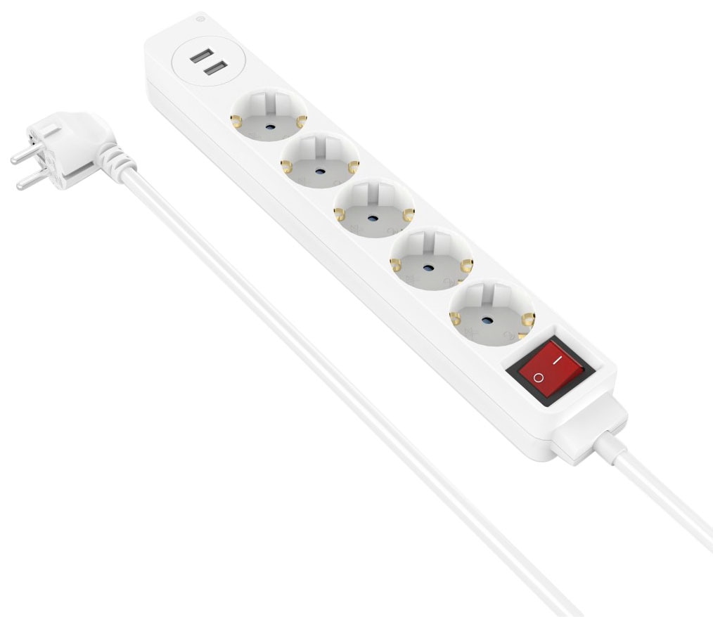 Hama Steckdosenleiste, 7-fach, (Ein- / Ausschalter-USB-Anschlüsse Schutzkontaktkupplung-Schutzkontaktstecker Kabellänge 1,4 m), 2 x USB-A