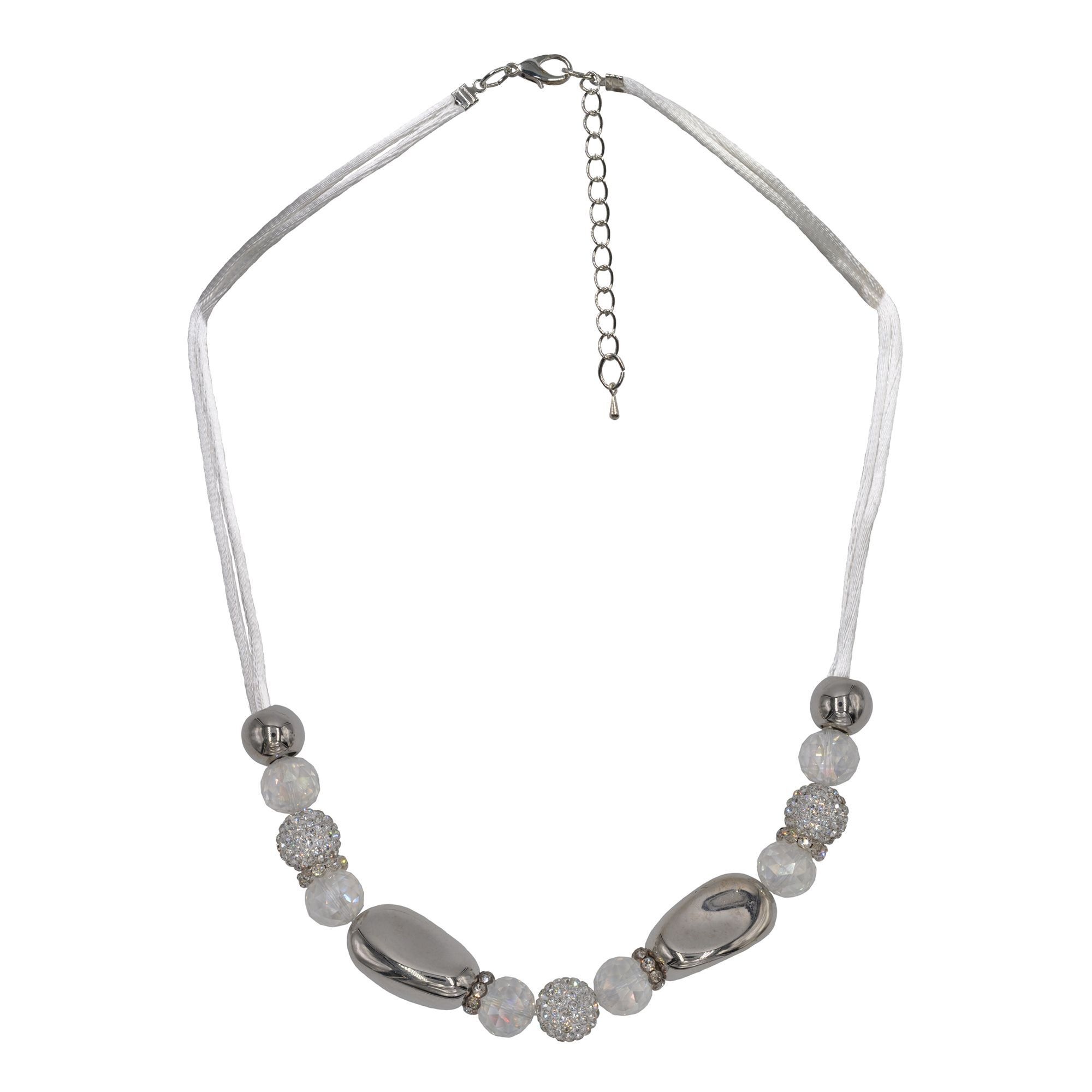 STEUER Damen Collierkettchen "Textil Metal glanz poliert Glasstein weiß", 59cm, Metall, L: 59 B: 18mmweiß, Metall, B:18mm, Halsketten