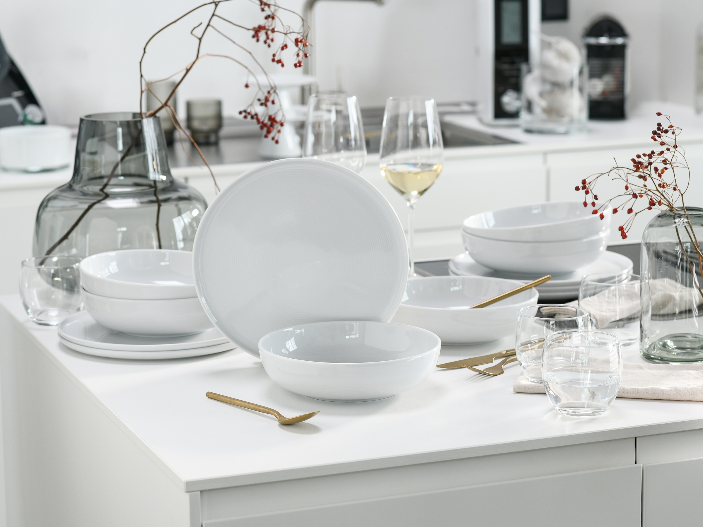 CreaTable Tafelservice »Session, Service, Teller-Set, 12-tlg.« Teller ohne Fahne mit großem Spiegel, Elegantes Rillenrelief