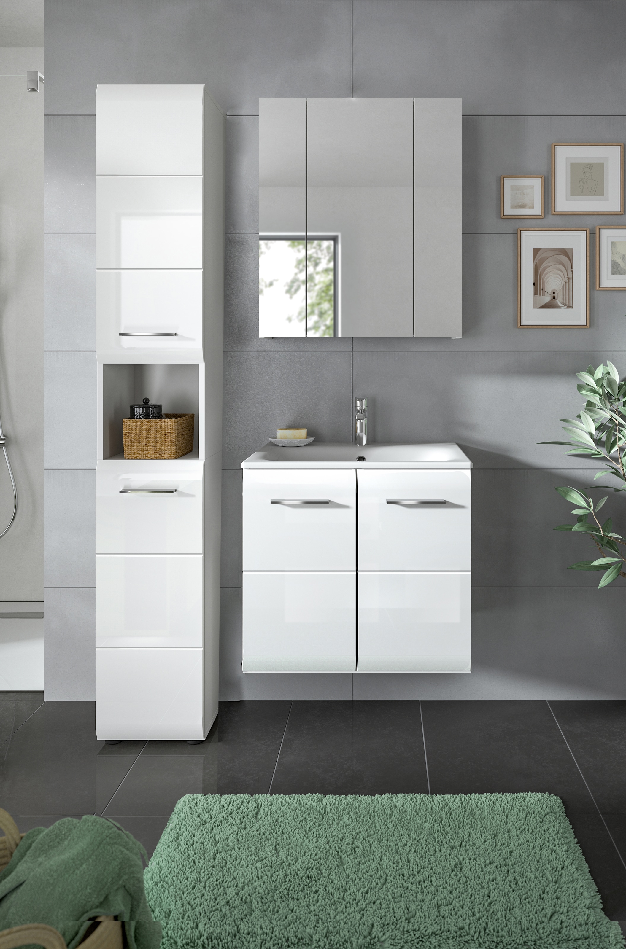 INOSIGN Badezimmer-Set, (Set, 4 St.), Florenz, Badkombination 4-tlg., Weiß hochglanz, inkl. Waschbecken