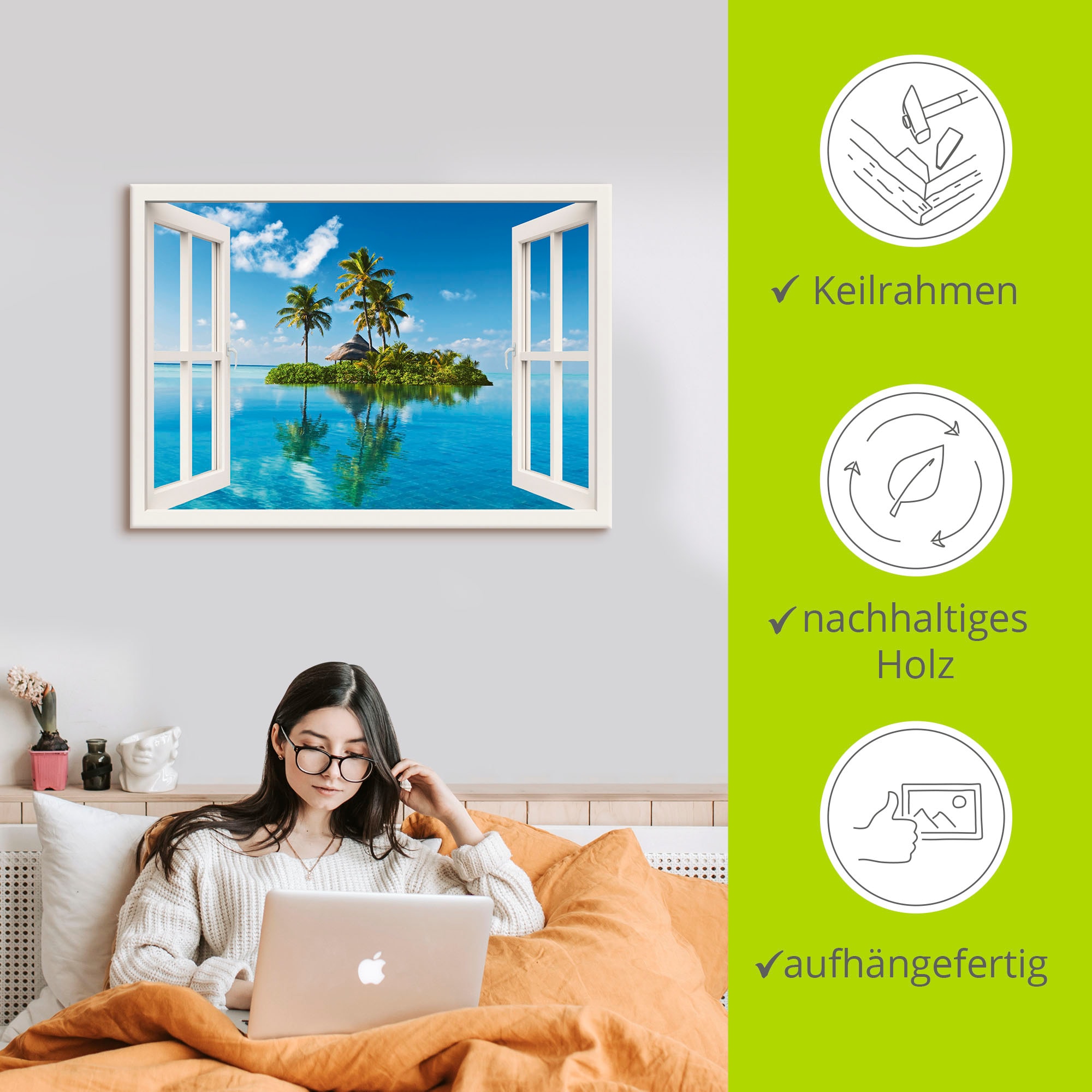 Artland Wandbild »Fensterblick Insel Palmen Meer«, Fensterblick, (1 St.), als Leinwandbild, Poster, Wandaufkleber in verschied. Größen