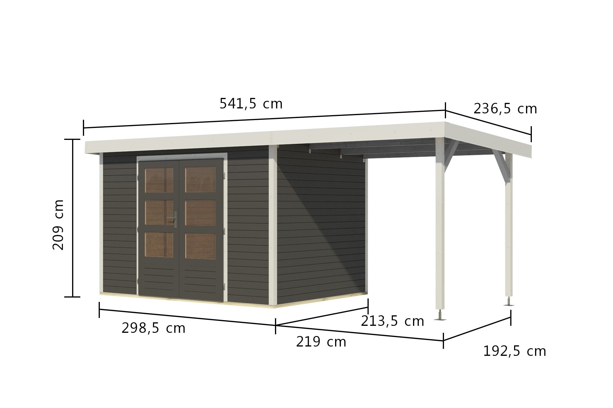 Karibu Gartenhaus »"Jupiter 4 B" SET terragrau, mit Anbaudach 2,35 m breit«, hochwertige Materialien: nordische Fichte, Stahlecken, Trapezblechdach