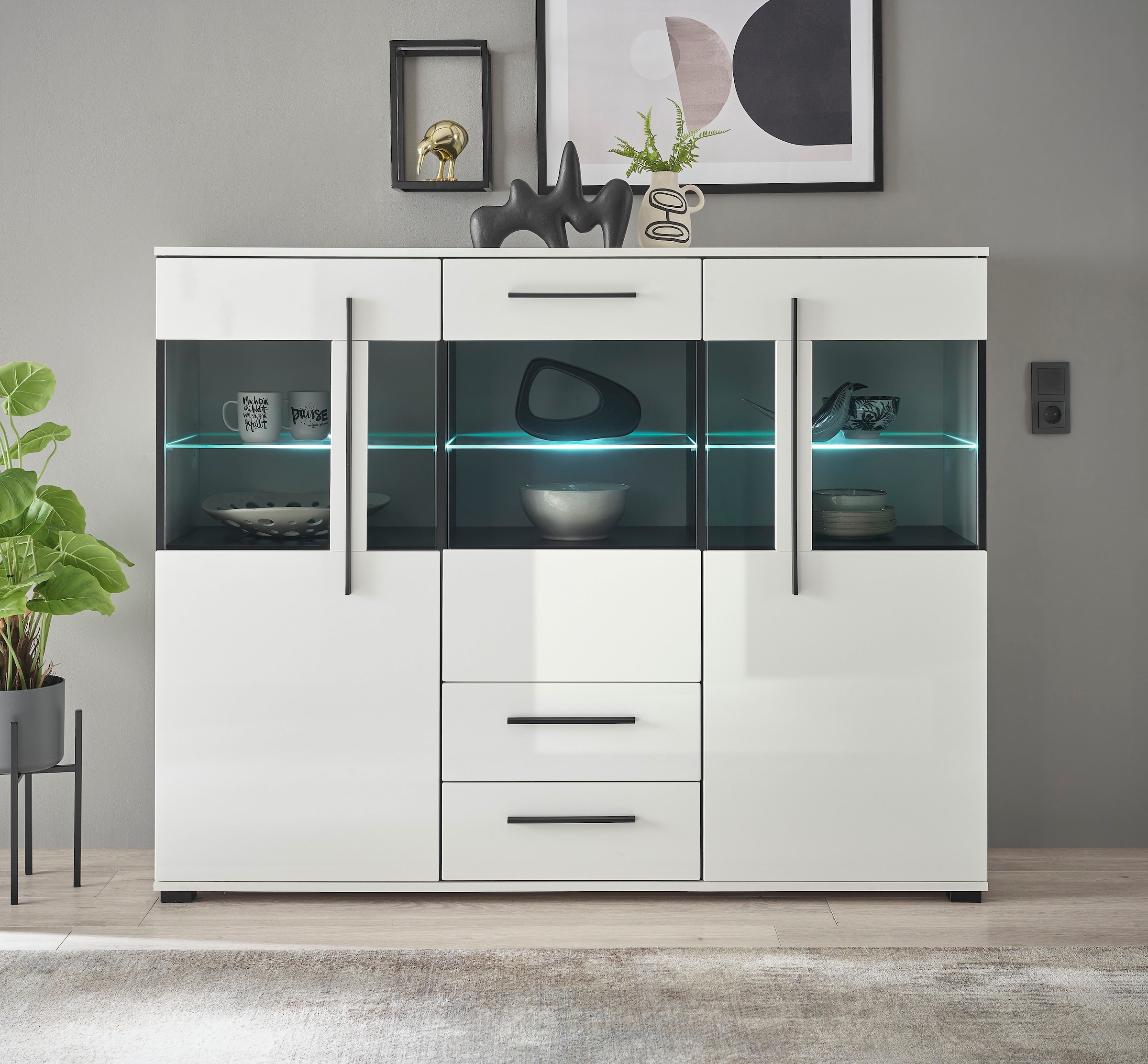 INOSIGN Highboard »Cantara, moderner Schrank, Vitrine in Eiche Dekor oder weiß«, schwarze Stangengriffe, ausreichend Stauraum, vielseitig einsetzbar