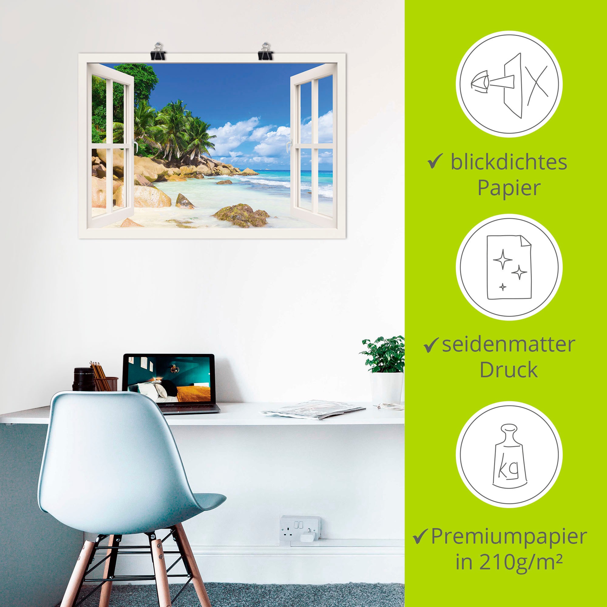 Artland Wandbild »Küste mit Palmen durchs Fenster«, Karibikbilder, (1 St.), als Alubild, Outdoorbild, Leinwandbild, Poster, Wandaufkleber
