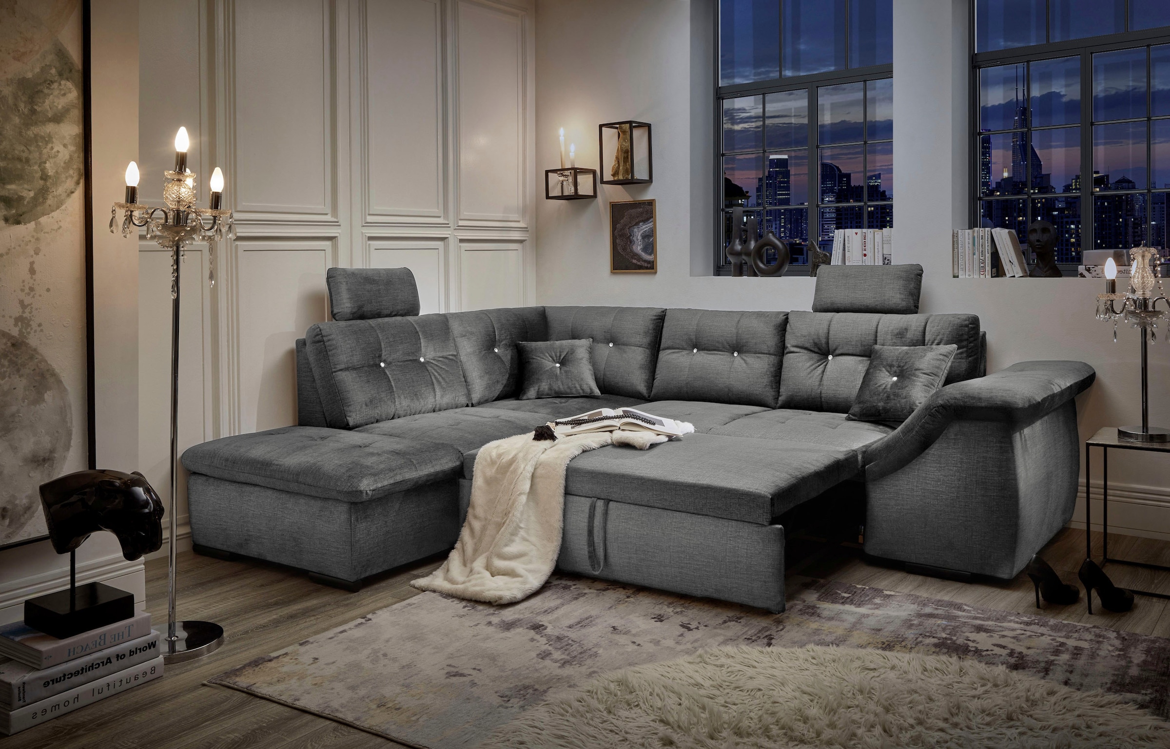 ED EXCITING DESIGN Ecksofa »Bolonia L-Form«, mit Bettfunktion, Bettkasten, Kopfstützen & 2 Zierkissen, Strasstein