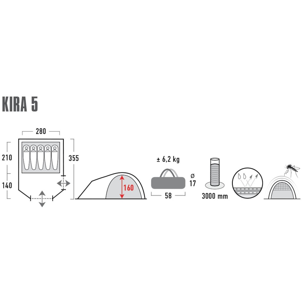 High Peak Kuppelzelt »Zelt Kira 5.0«, 5 Personen, (mit Transporttasche)