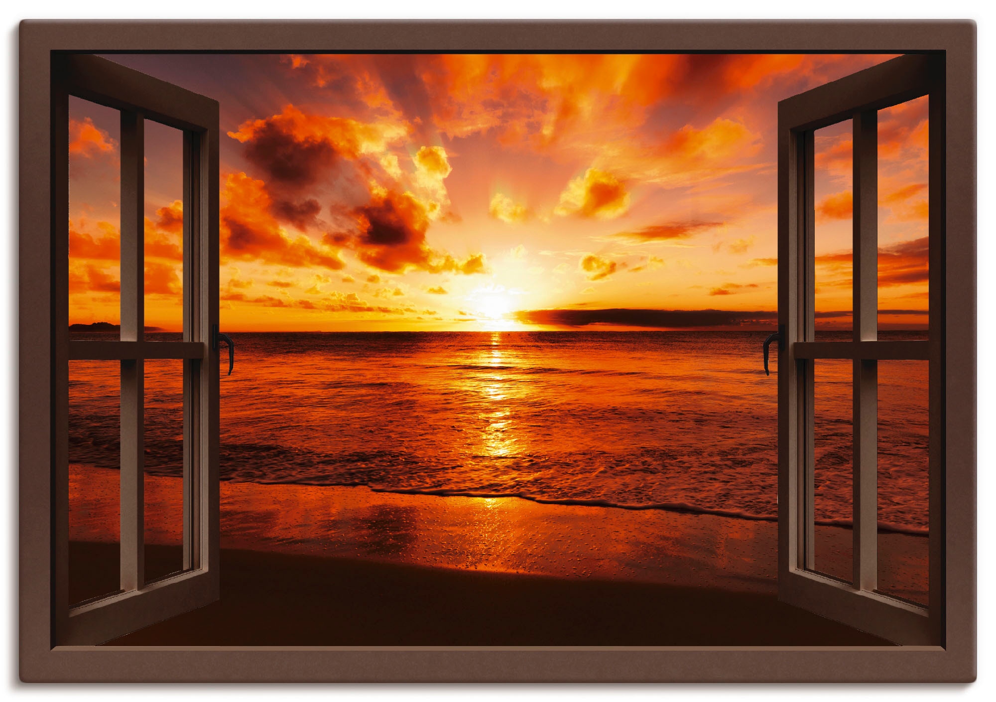 Artland Wandbild "Fensterblick Sonnenuntergang am Strand", Fensterblick, (1 St.), als Leinwandbild, Poster, Wandaufklebe