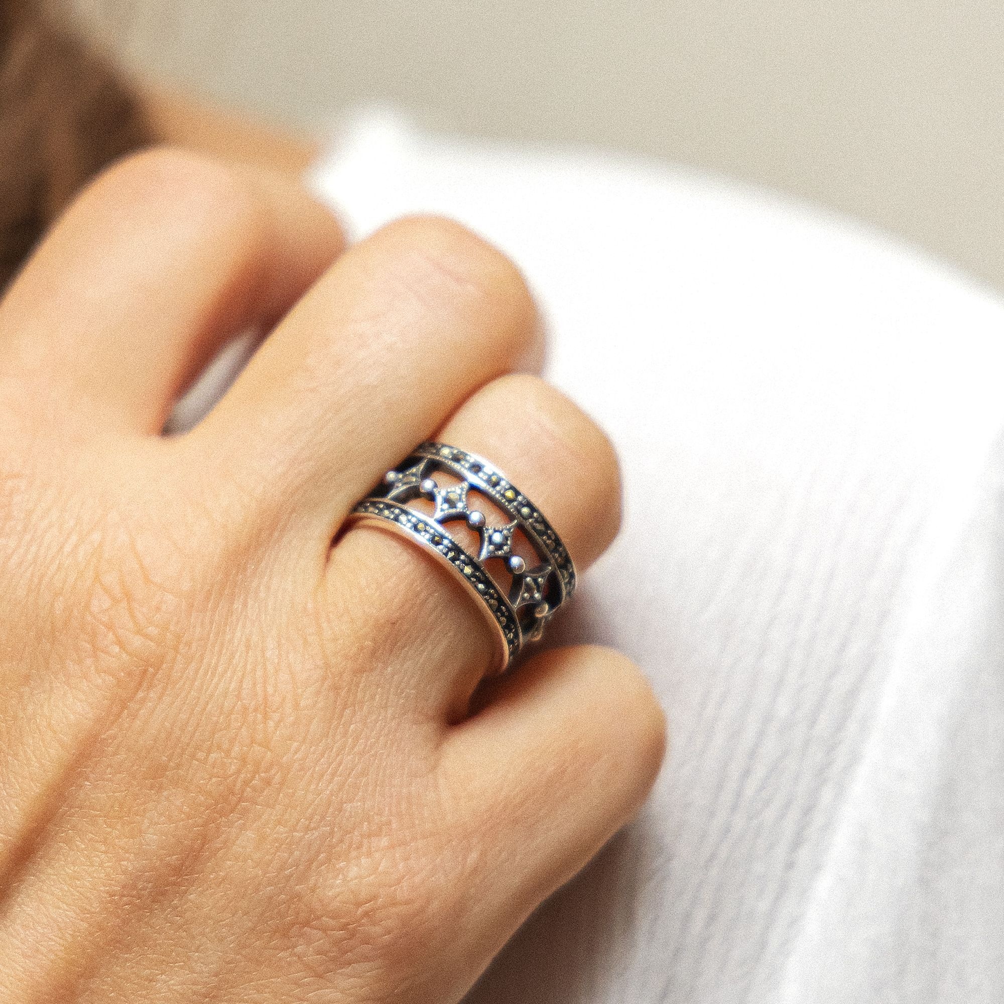 Fingerring ZEEME "Silber 925 oxidiert mit 40x Markasit" Gr. 56, schwarz, Fingerringe, Damen, 056 (17,8), Silber 925 (Sterlingsilber), Fingerring 2