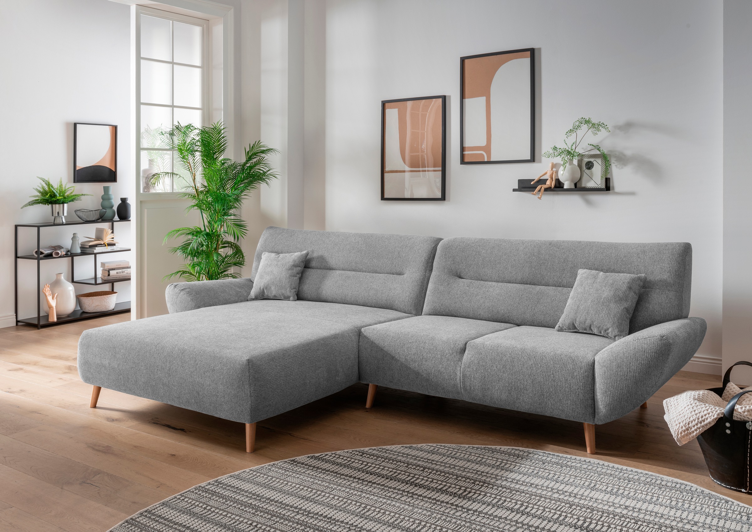 Home affaire Ecksofa "Drago, elegant und zeitlos, komfortabel, Holzfuß, L-Form, Breite 290cm" frei im Raum stellbar, inkl. 2 Zierkissen