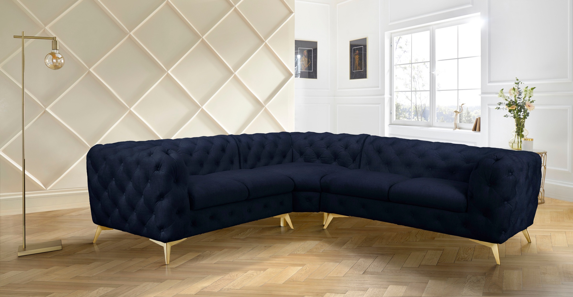 Leonique Chesterfield-Sofa »Ecksofa GLYNIS L-Form mit Wellenunterfederung, Maße B/T/H 264/264/75cm«, aufwändige Knopfheftung, moderne Chesterfield Optik, Fußfarbe wählbar