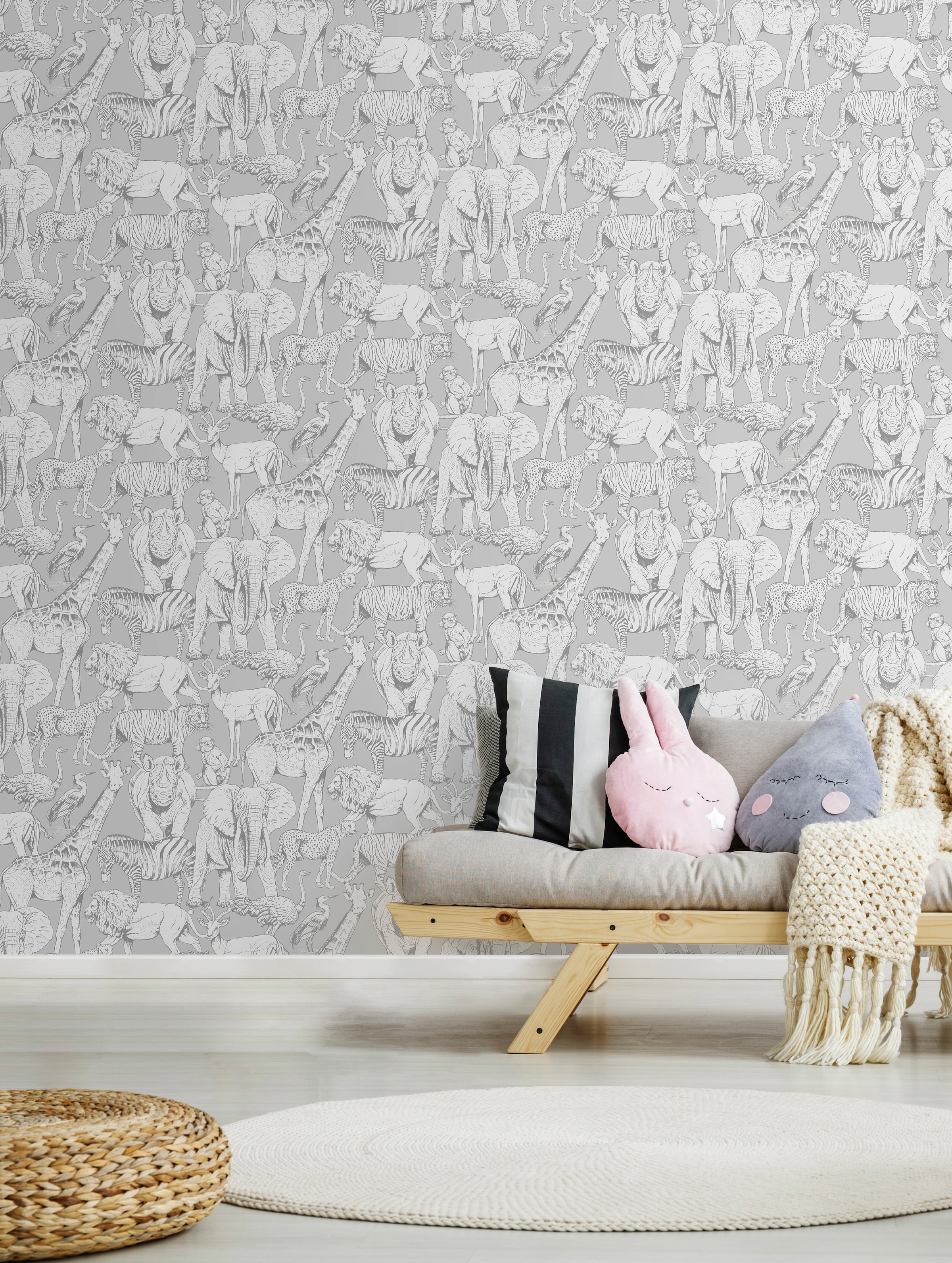Art for the home Vliestapete »Tiere des Dschungels«, animal print, Grau - 10mx53cm