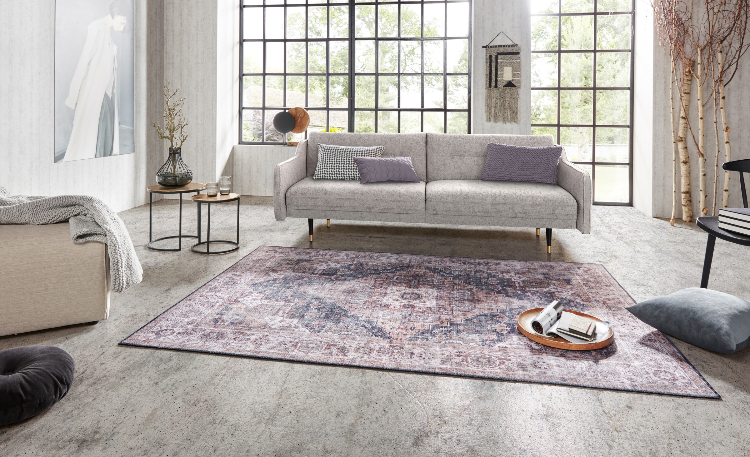 Teppich HANSE HOME "Sylla" Gr. 3, grau (kitt), B:120cm H:5mm L:160cm, Polyester, Teppiche, Teppich, Orientalisch, Läufer, Vintage, Wohnzimmer, Schlafzimmer, Esszimmer