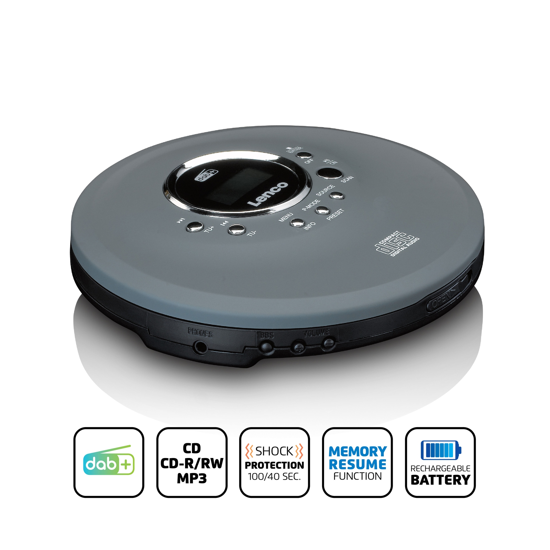 Tragbarer CD-Player mit DAB+ Radio, Bluetooth, Akku, Ohrhörer