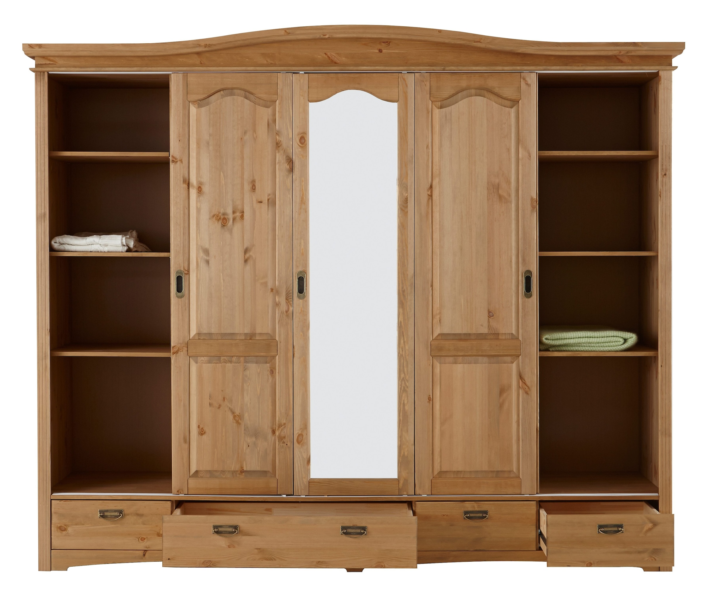 Home affaire Schiebetürenschrank »Konrad, Landhausstil, rustikal, mit Schubladen + Spiegel, Kassetten«, (3 Breiten: 153/202/249 cm H/T ca.207/64 cm), massive Kiefer, FSC®-zertifiziert, Messinggriffe, mehrere Varianten