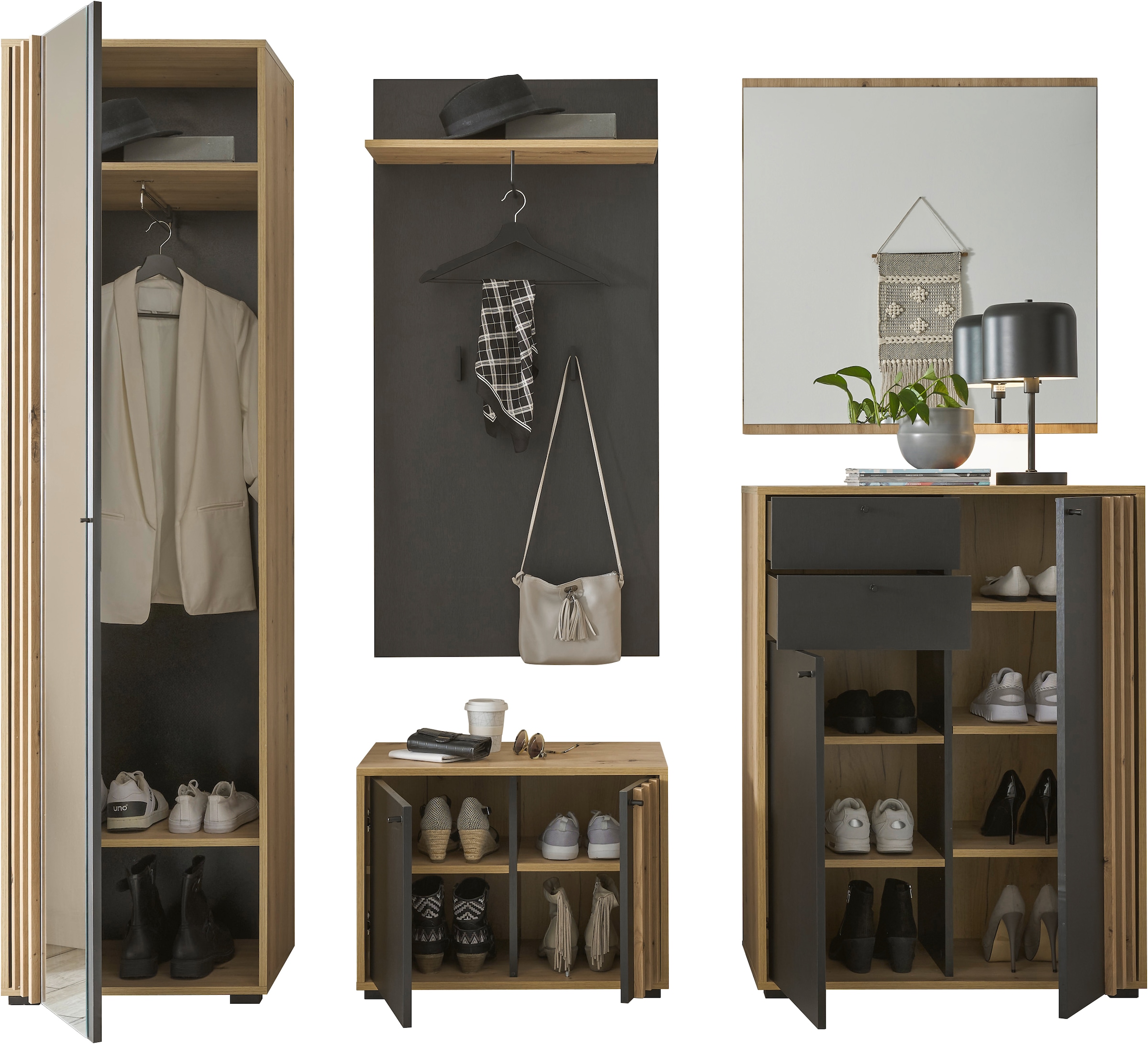 HBZ Garderoben-Set »5-tlg. Eiche MDF Stripes Flurgarderobe Stellmaß BxHxT 230x196x38 cm«, (5 St.), Mit Schuhkommode, Hochschrank, Bank, Paneel, Spiegel