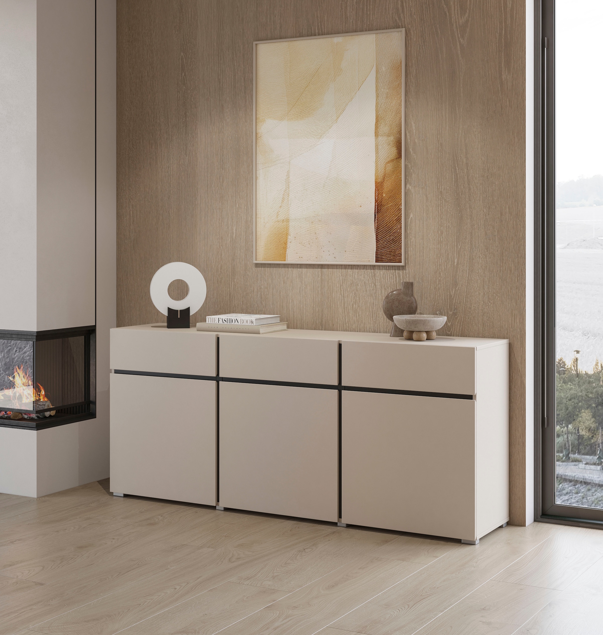 OTTO home Sideboard »Cross,Breite 180 cm, moderne grifflose Kommode,3 Türen/3 Schubkästen« Schubladenschrank mit viel Stauraum, Einlegeböden verstellbar