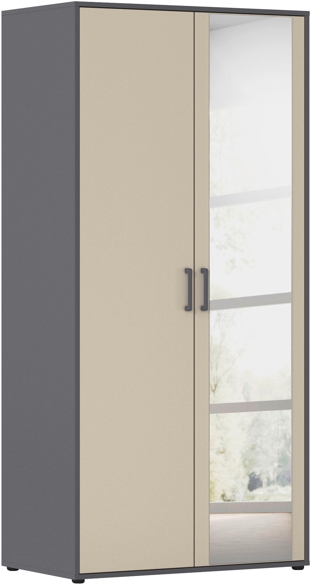 rauch "Kleiderschrank Schrank Garderobe Wäscheschrank VOYAGER" in 3 verschiedenen Ausstattungen BASIC/CLASSIC/PREMIUM, mit modernen Griffen in Graumetallic und Spiegel