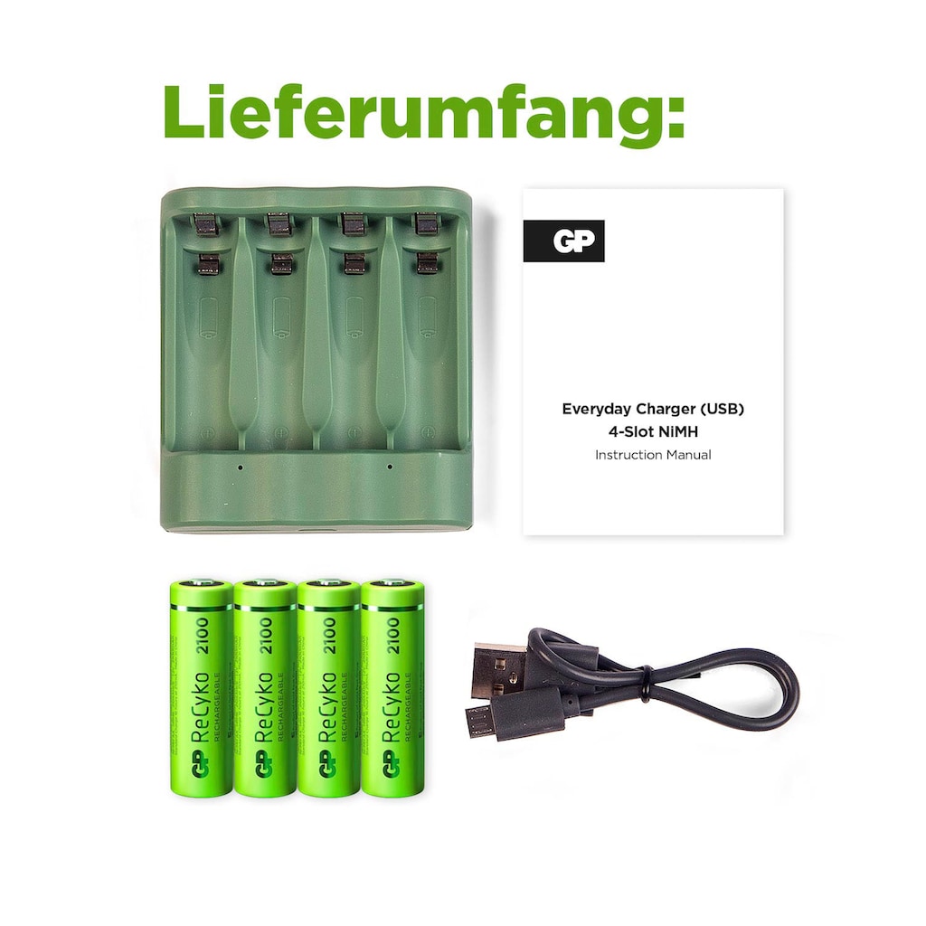 GP Batteries Akku-Ladestation »USB-Akkuladegerät B421 inkl. 4x ReCyko AA Akkus je 2100 mAh«