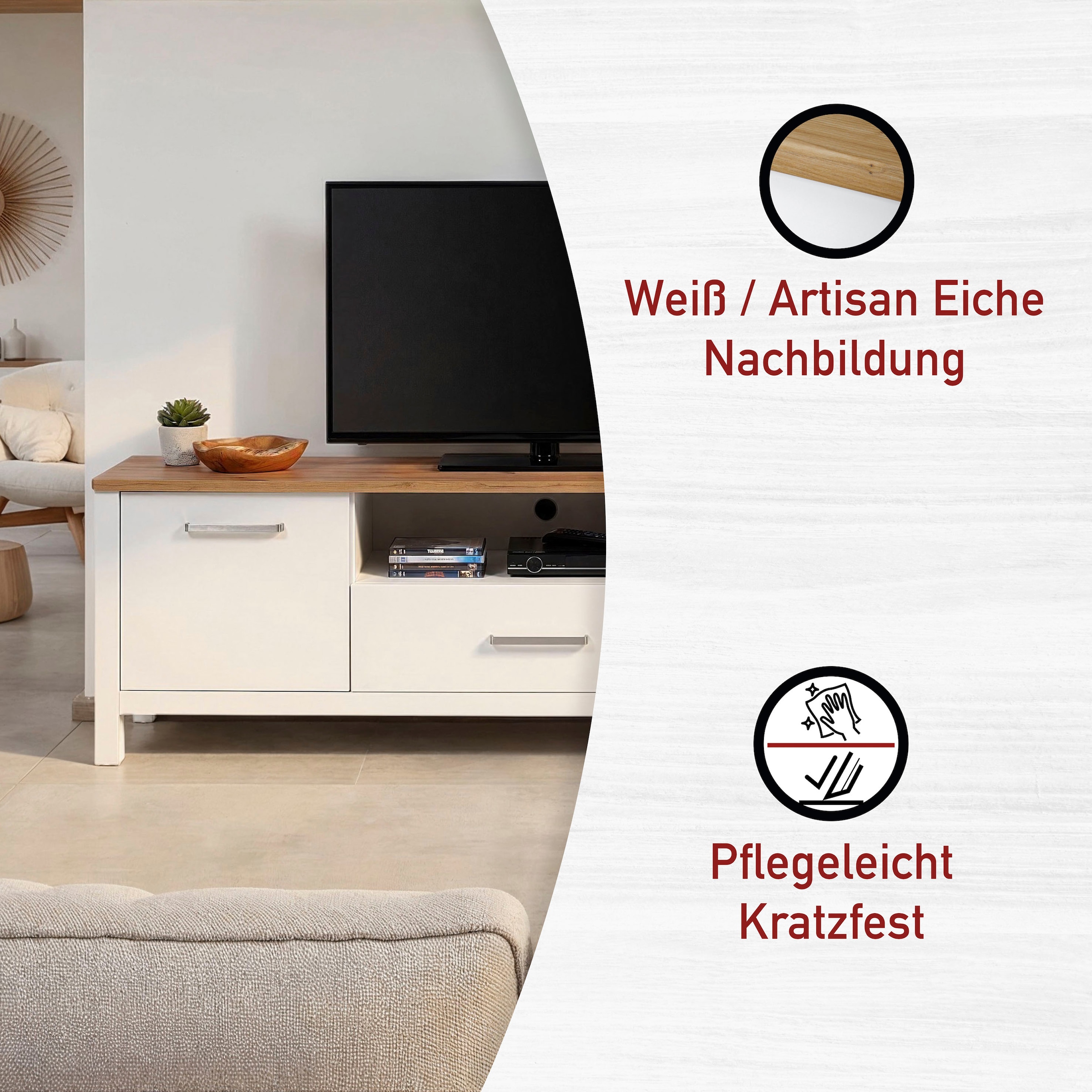 Inter Link TV-Board »Pienza, Weiss/Artisan Eiche Nachbildung, viel Stauraum, Softclose« 1 Stk. tlg. TV Lowboard mit Kabeldurchführung, Skandi Look, 173 x 45 x 64 cm