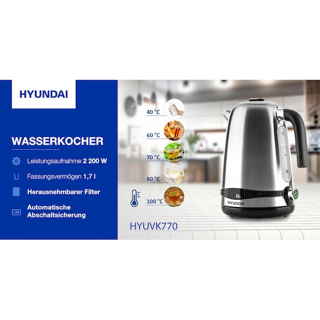 Hyundai Wasserkocher »VK770«, 1,7 l, 2200 W, LED, Temperatureinstellung  40-100°C, KEEP WARM-Funktion bis 120 Min. kaufen | BAUR