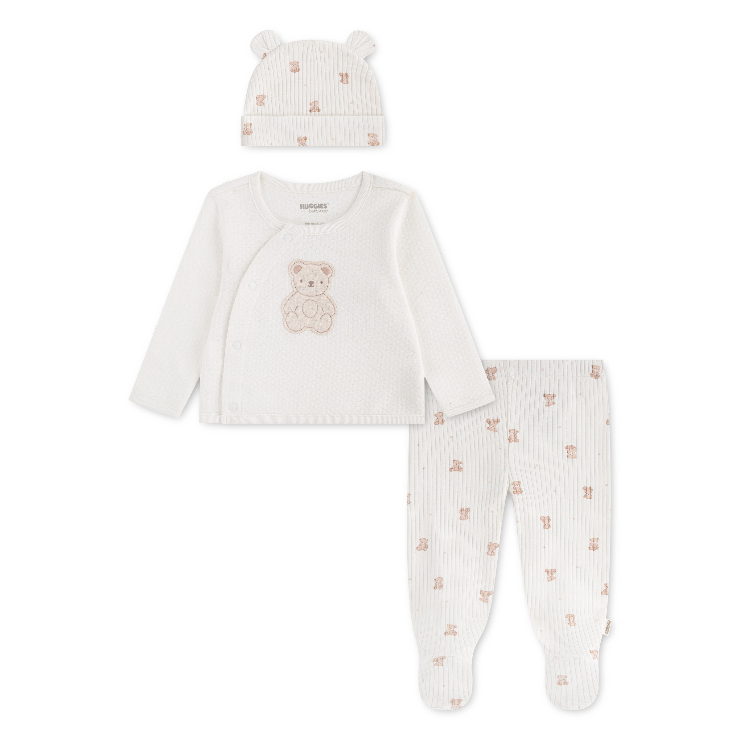 HUGGIES babywear Shirt, Hose, Jacke & Mütze "HUGN FOOTED PANT SET + ATTACHM" Set, 3 3er Seit Mütze-Jäckchen-Hose mit Füßen und Allover-Prints