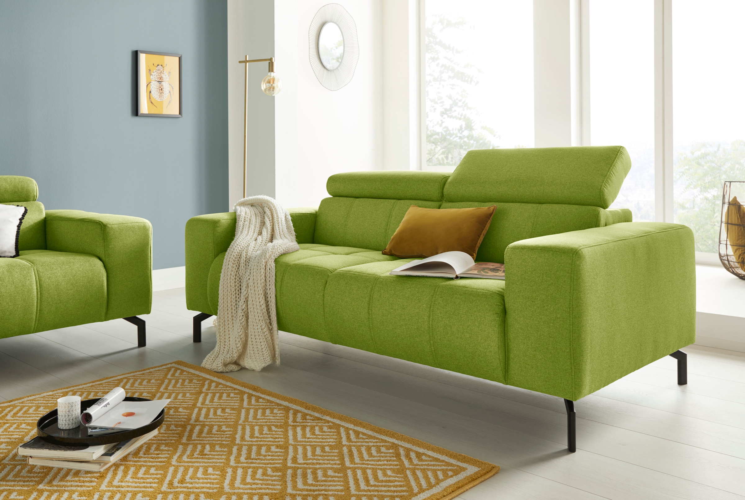 DOMO collection 2-Sitzer »Cunelli zeitlos und elegant, moderne Sitznähte als Designelement,«, wahlweise mit 6-fach verstellbaren Kopfteilen, fester Sitzkomfort