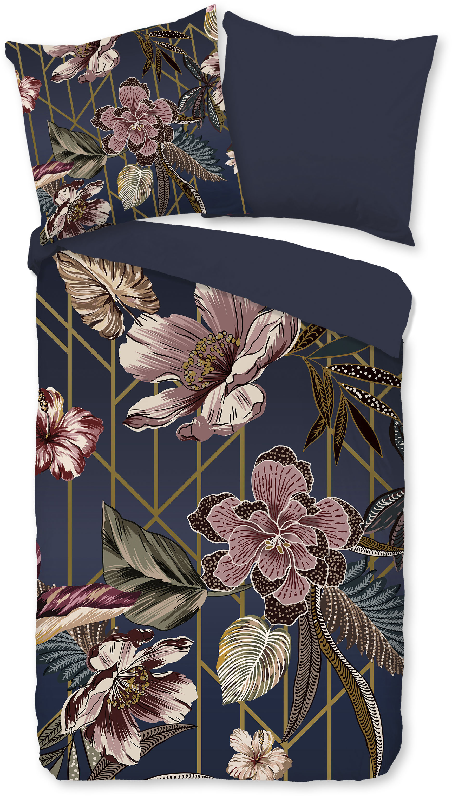 PURE luxury collection Wendebettwäsche "Jos" 2 Stk. Mikrofaser, Pflegeleicht, Reißverschluss, Wendeoptik, Blume, Blau