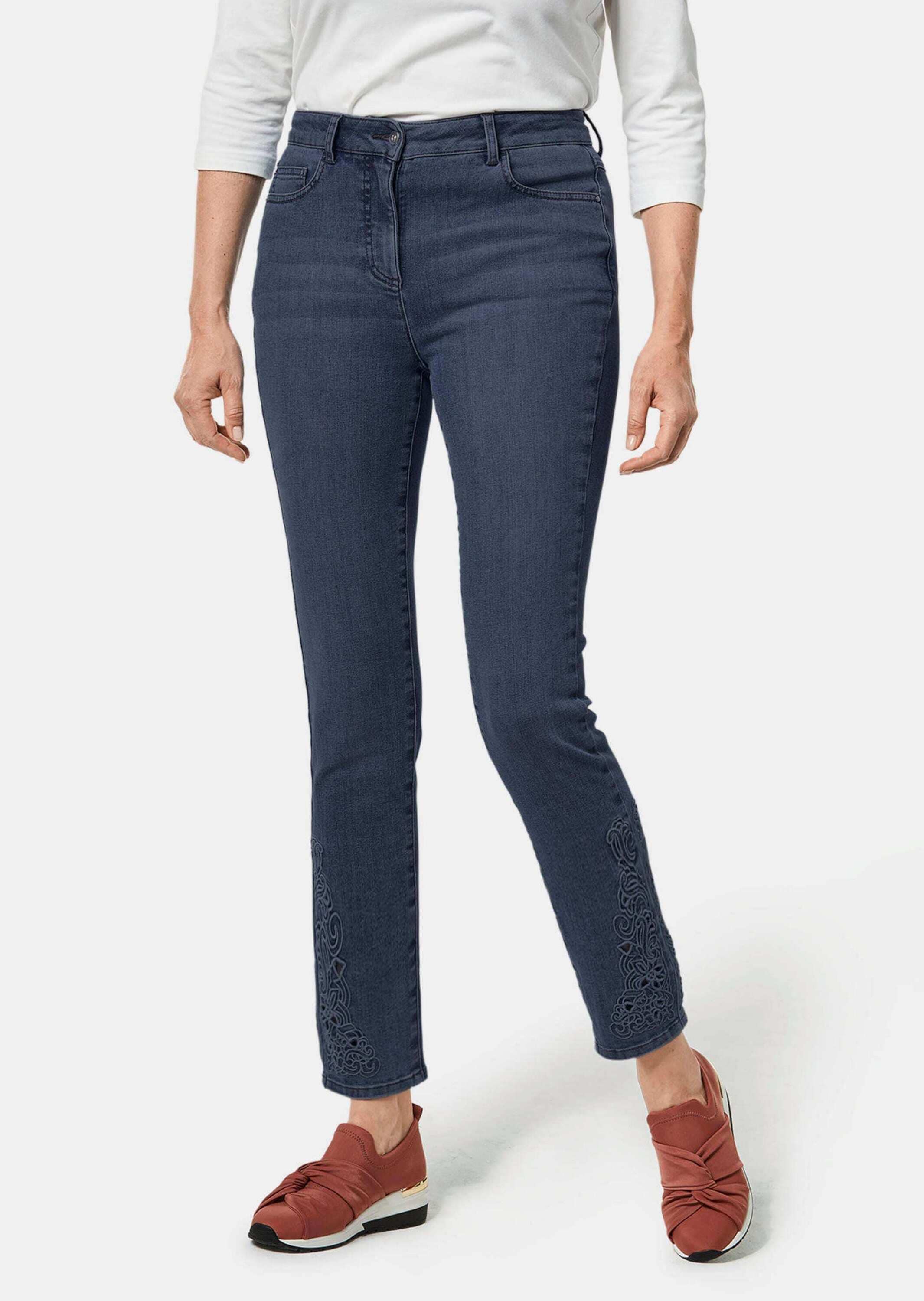 GOLDNER Regular-fit-Jeans »Hose Kurzgröße - Jeanshose mit Stickerei am Saum«