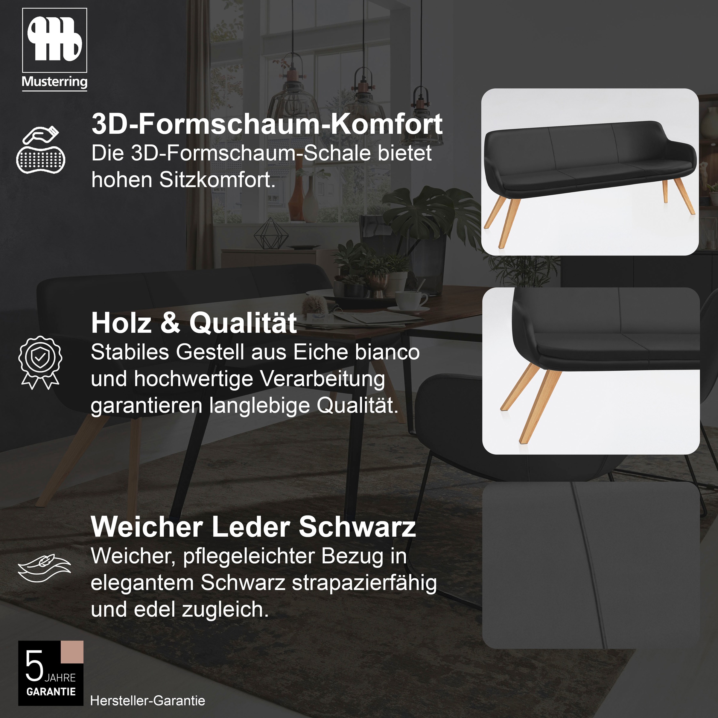 Essbank MUSTERRING "Tavia", schwarz (schwarz, eiche bianco), B:180cm H:87cm T:66cm, 100% PES, Sitzbänke, Essbank, Stativgestell aus Eiche bianco massiv, Breite 180, 200 oder 220 cm 2