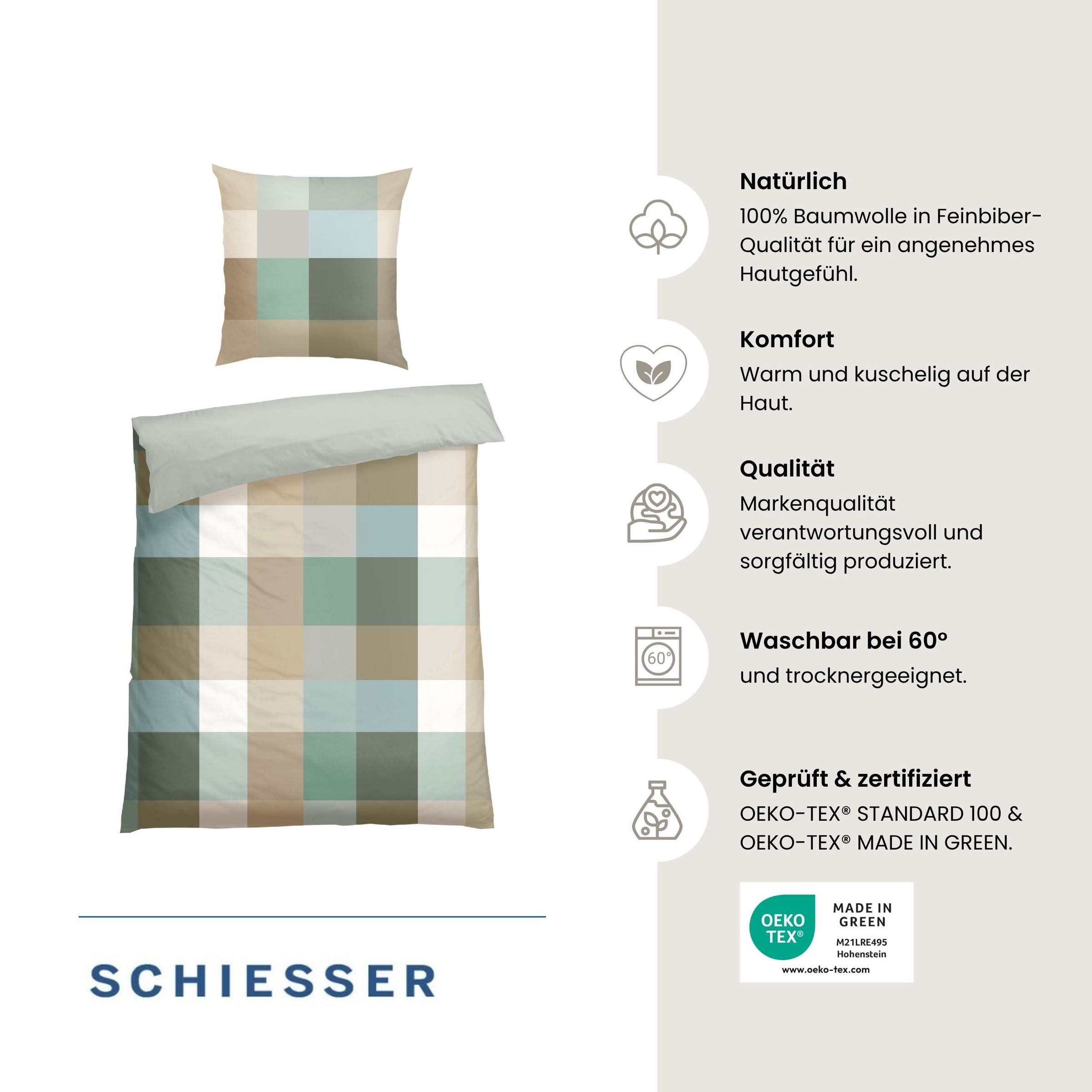 Schiesser Wendebettwäsche »Travis aus weicher Baumwolle in klassischem Karo« 2 Stk. OEKO-TEX® MADE IN GREEN