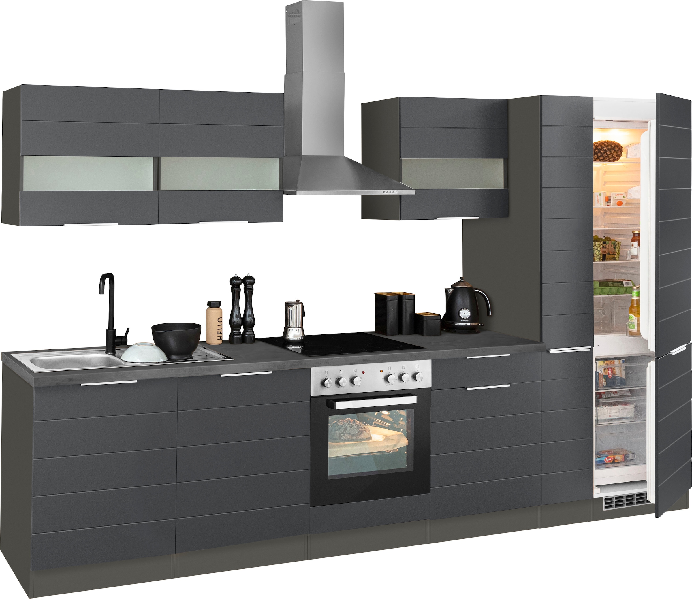 KOCHSTATION Küchenzeile »KS-Luhe« 330 cm breit, wahlweise mit oder ohne E-Geräten, gefräste MDF-Fronten