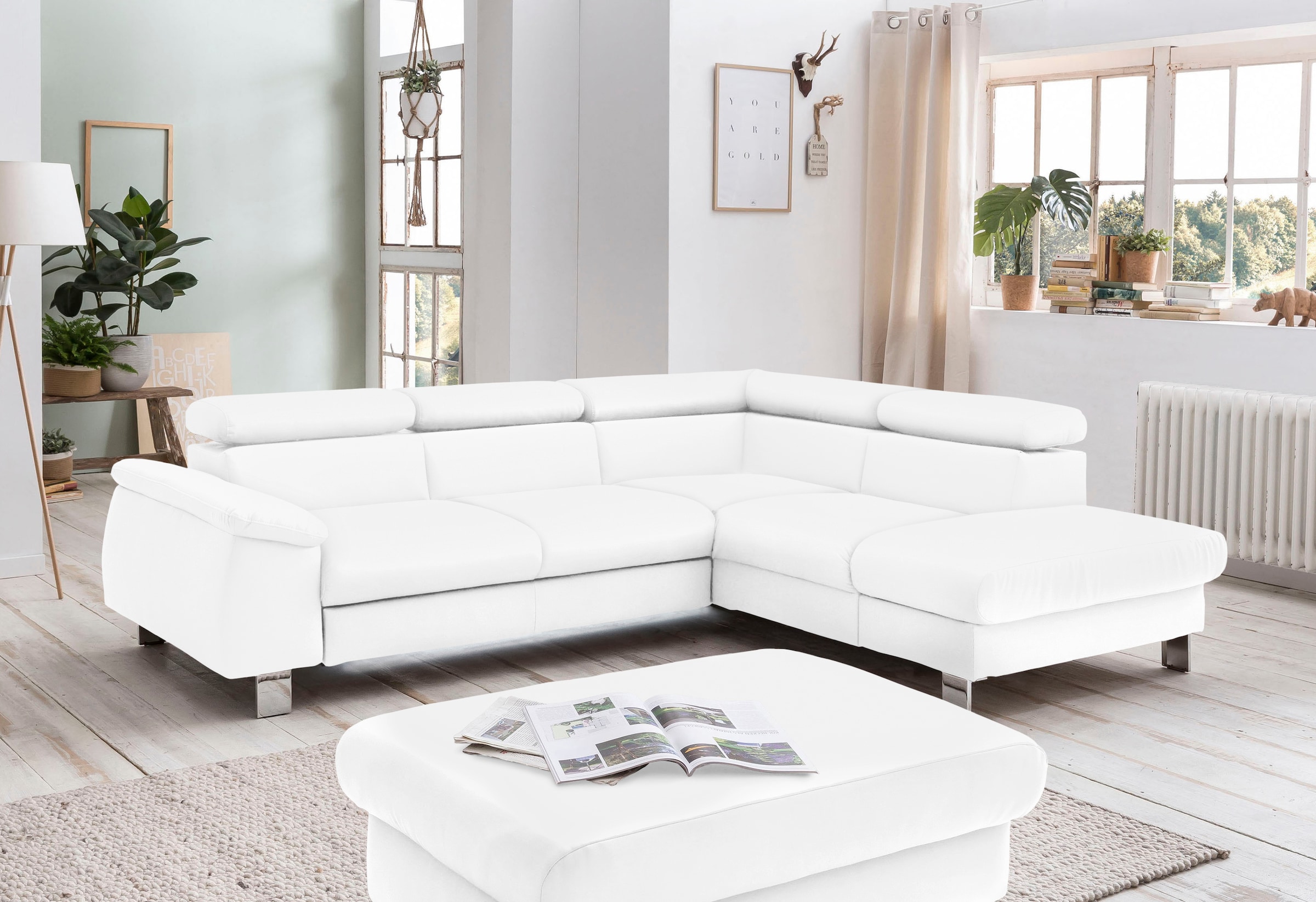 COTTA Ecksofa »Komaris L-Form mit Kopfteilverstellung«, wahlweise mit Bettfunktion, Bettkasten & Beleuchtung